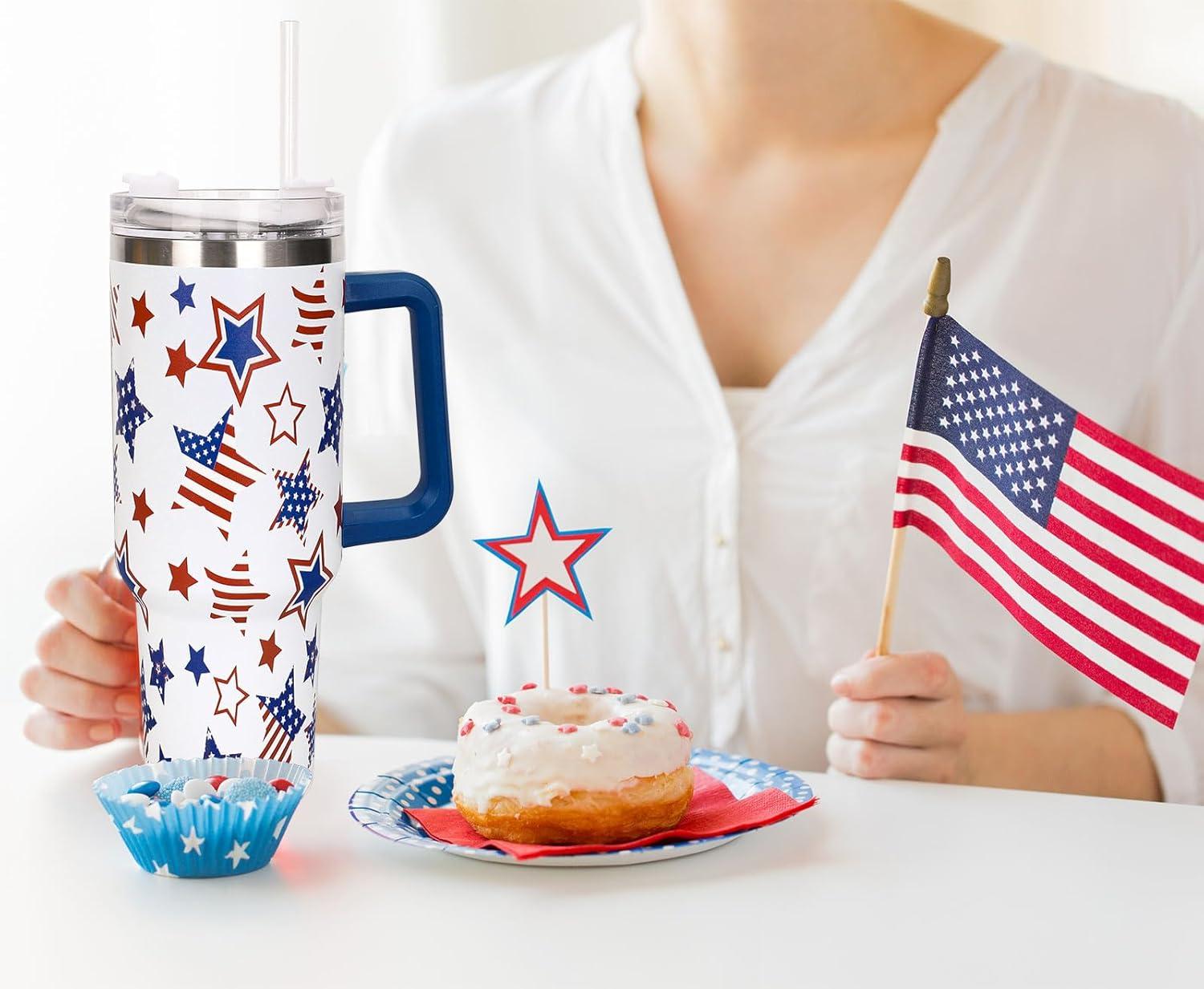 imageWhaline 40oz Halloween Skull Tumbler with Straw and Lid Spooky Skull Flower Travel Coffee Tumbler Cup with Handle for Trick or Treat Birthday Party GiftsIndependence Day Star