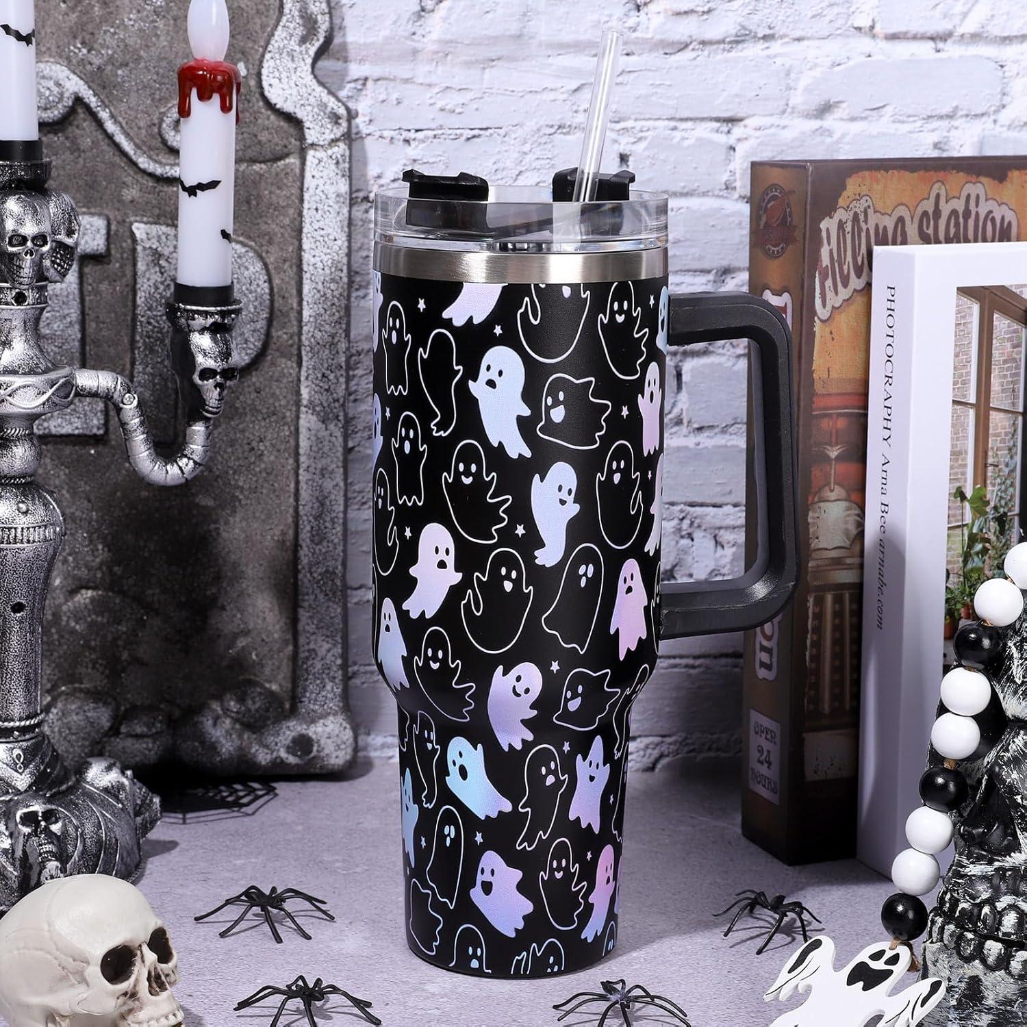 imageWhaline 40oz Halloween Skull Tumbler with Straw and Lid Spooky Skull Flower Travel Coffee Tumbler Cup with Handle for Trick or Treat Birthday Party Giftslaser ghost
