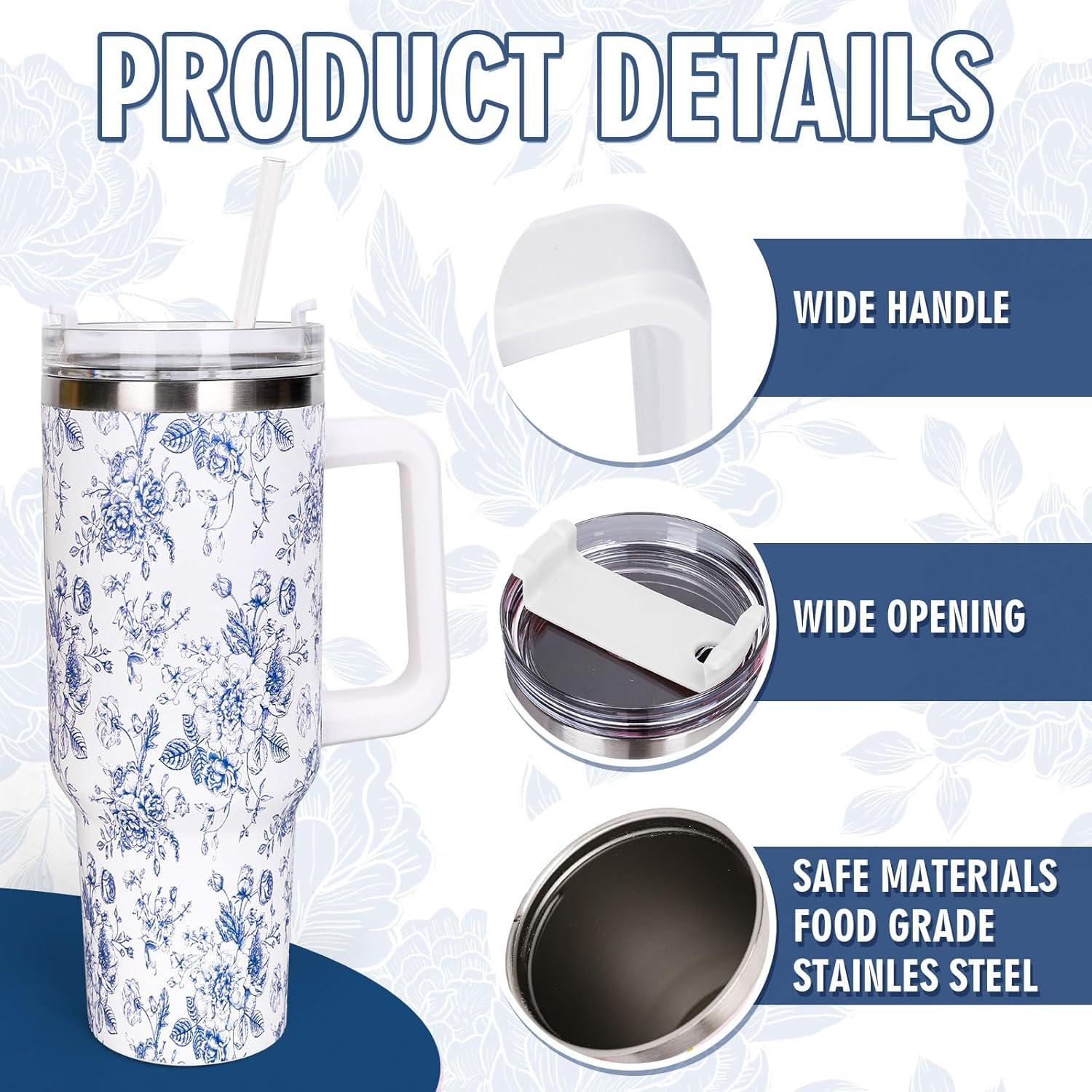 imageWhaline 40oz Halloween Skull Tumbler with Straw and Lid Spooky Skull Flower Travel Coffee Tumbler Cup with Handle for Trick or Treat Birthday Party Giftsblue flower