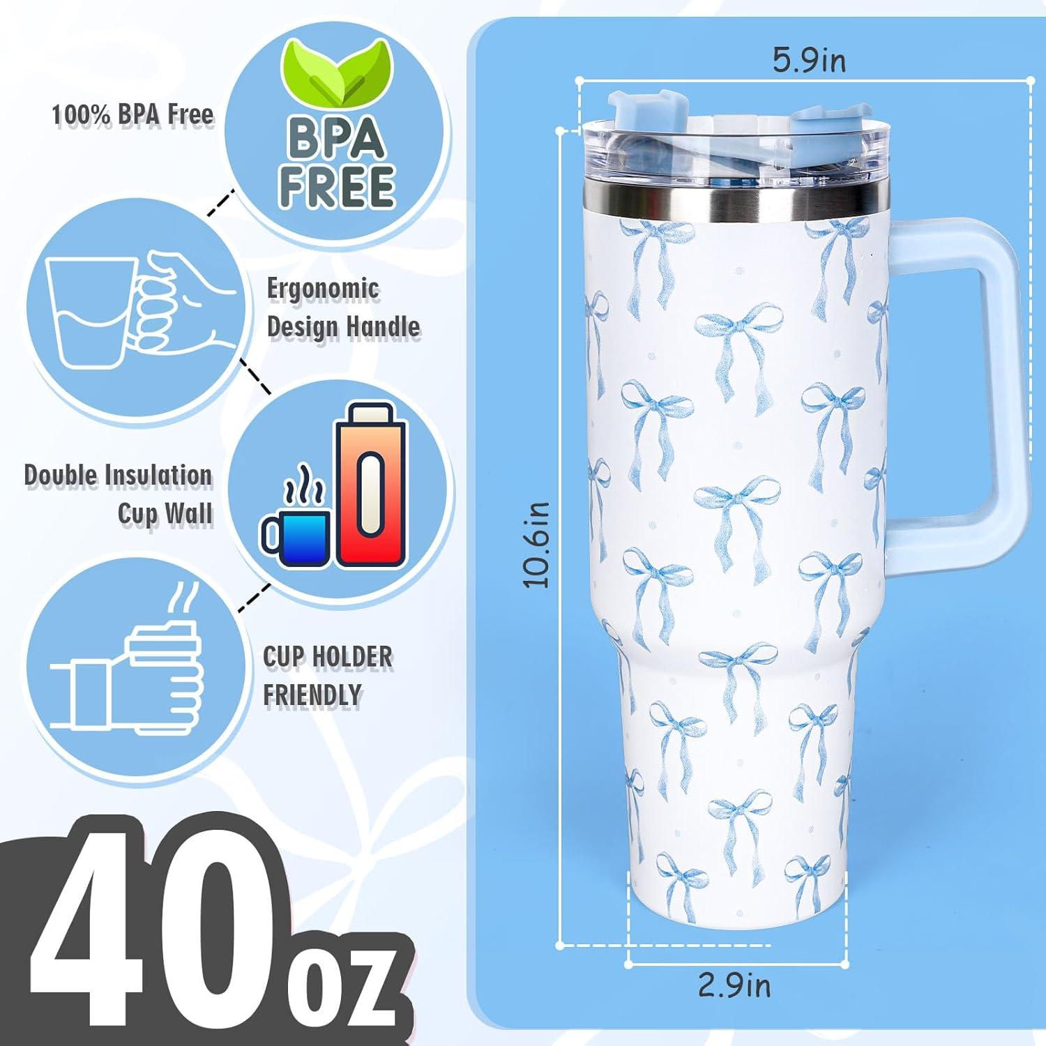 imageWhaline 40oz Halloween Skull Tumbler with Straw and Lid Spooky Skull Flower Travel Coffee Tumbler Cup with Handle for Trick or Treat Birthday Party Giftsblue bow