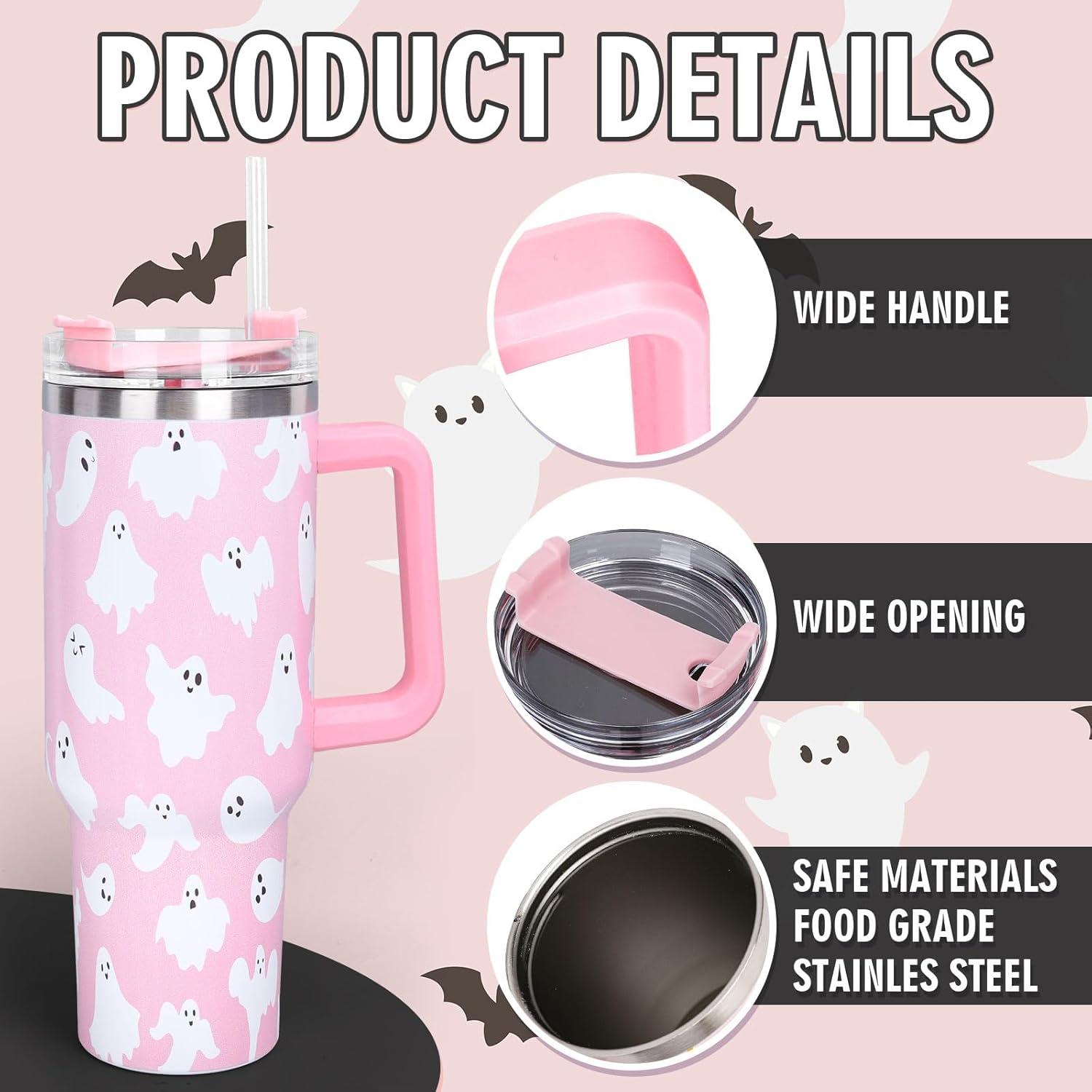 imageWhaline 40oz Halloween Skull Tumbler with Straw and Lid Spooky Skull Flower Travel Coffee Tumbler Cup with Handle for Trick or Treat Birthday Party Giftspink ghost