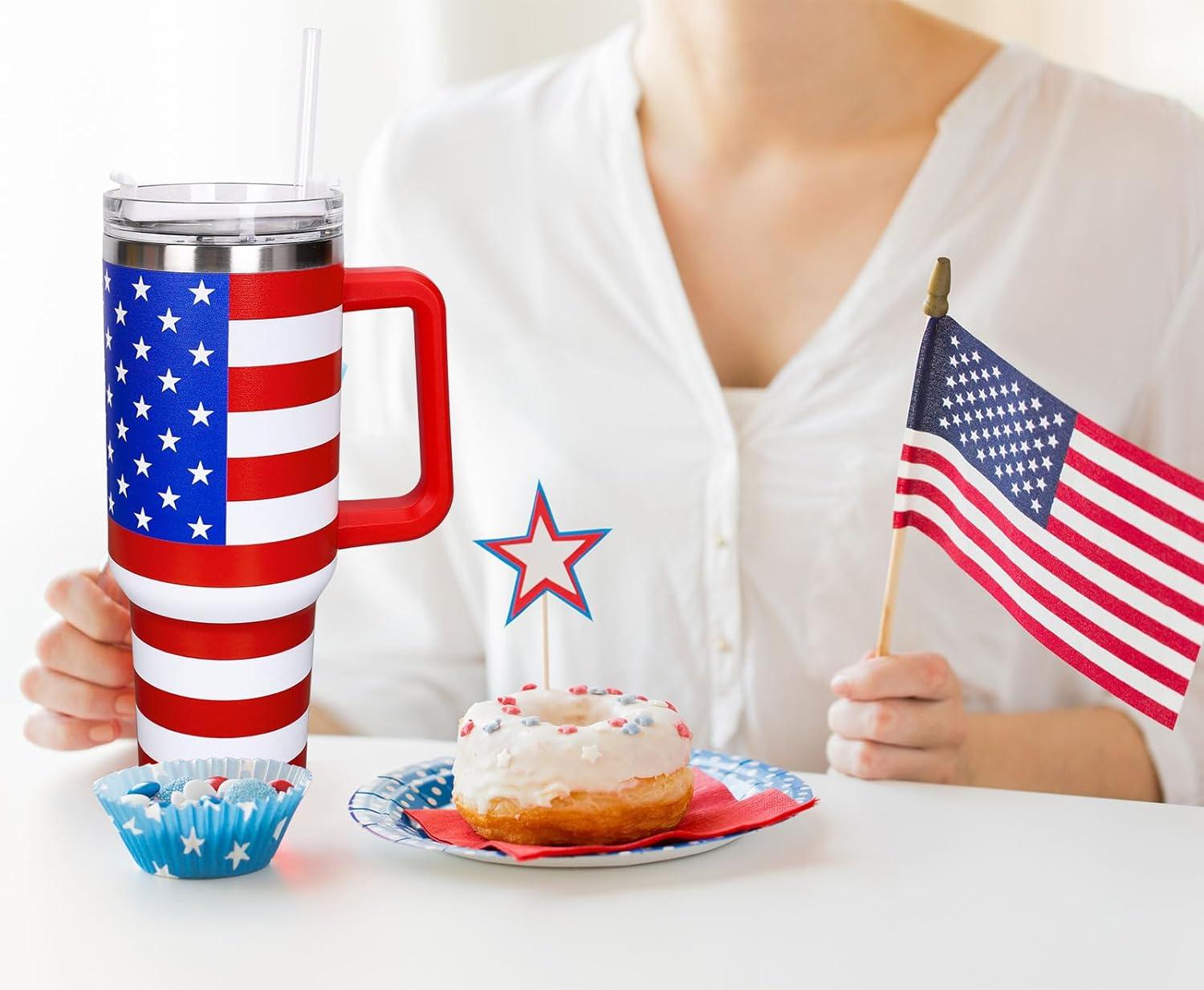 imageWhaline 40oz Halloween Skull Tumbler with Straw and Lid Spooky Skull Flower Travel Coffee Tumbler Cup with Handle for Trick or Treat Birthday Party GiftsAmerican Flag