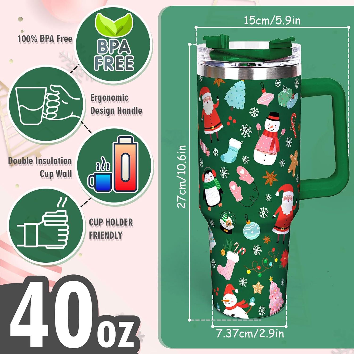 imageWhaline 40oz Halloween Skull Tumbler with Straw and Lid Spooky Skull Flower Travel Coffee Tumbler Cup with Handle for Trick or Treat Birthday Party GiftsGreen Christmas