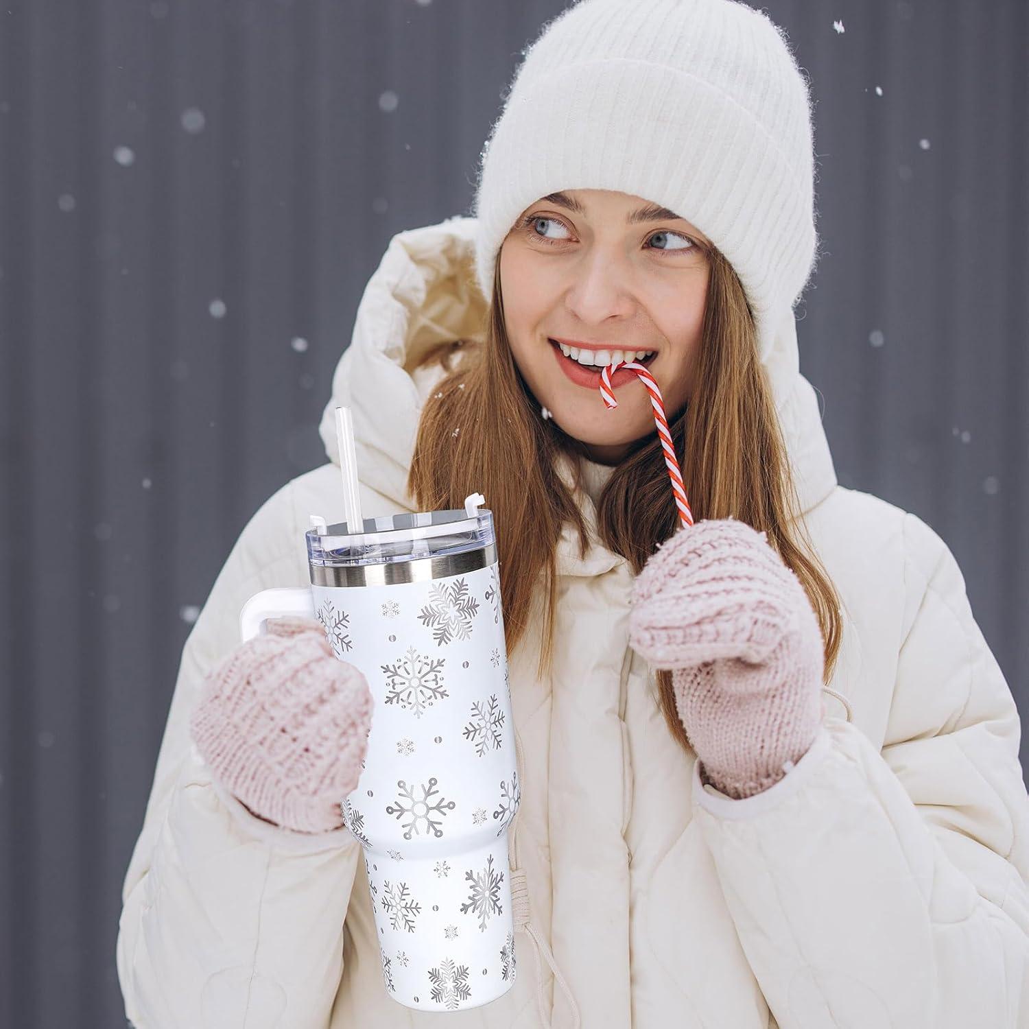 imageWhaline 40oz Halloween Skull Tumbler with Straw and Lid Spooky Skull Flower Travel Coffee Tumbler Cup with Handle for Trick or Treat Birthday Party Giftssnowflake