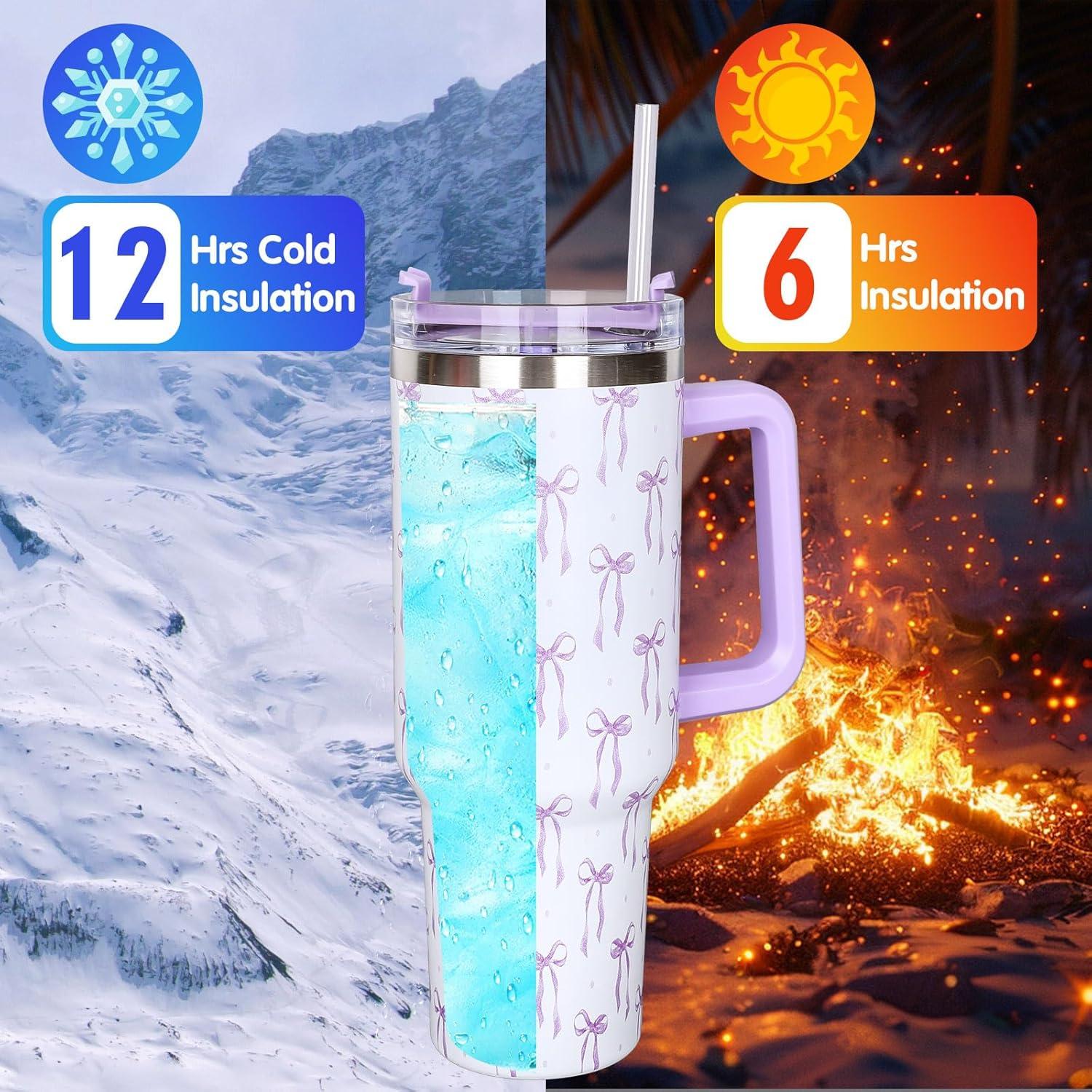 imageWhaline 40oz Halloween Skull Tumbler with Straw and Lid Spooky Skull Flower Travel Coffee Tumbler Cup with Handle for Trick or Treat Birthday Party Giftspurple bow