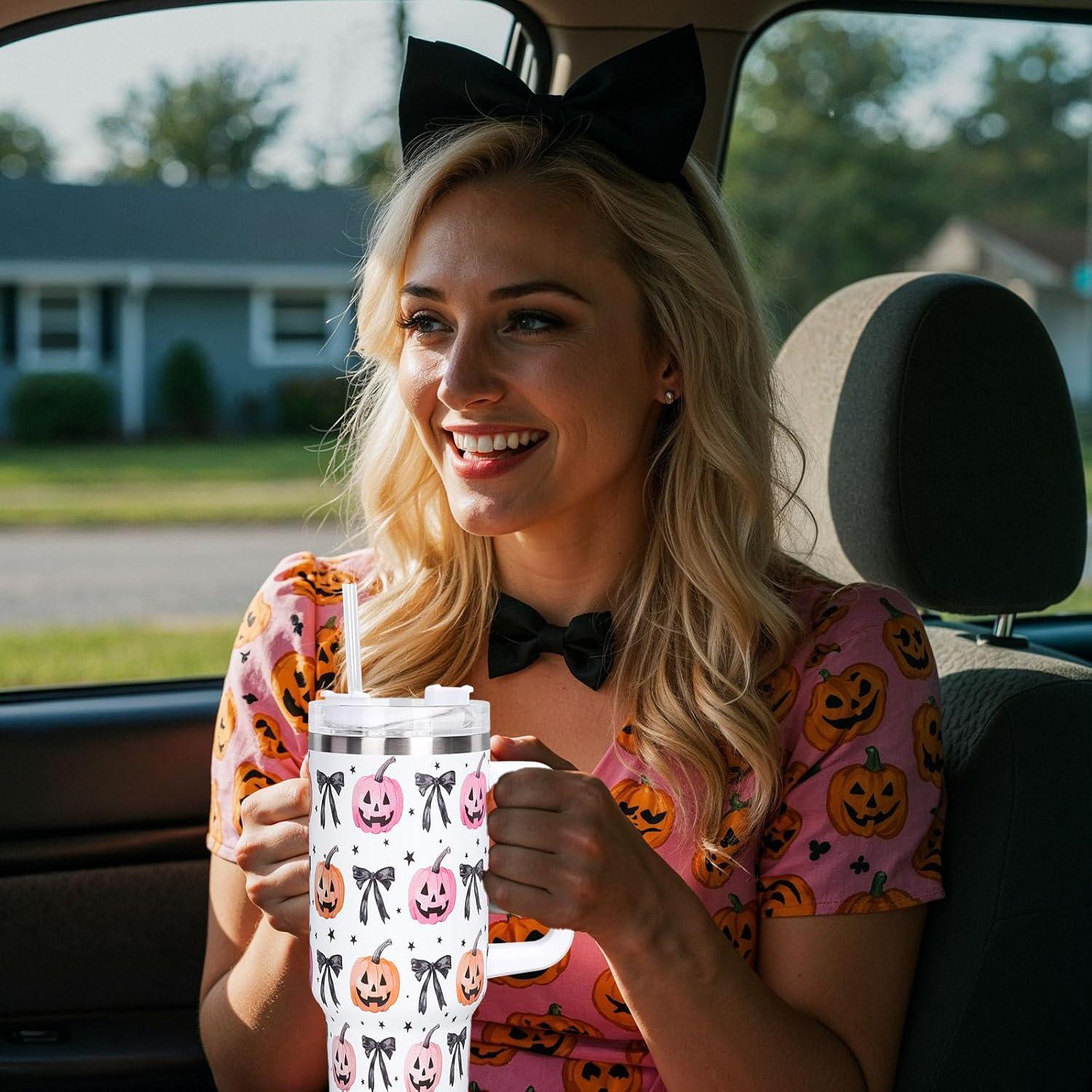 imageWhaline 40oz Halloween Skull Tumbler with Straw and Lid Spooky Skull Flower Travel Coffee Tumbler Cup with Handle for Trick or Treat Birthday Party Giftspumpkin bow