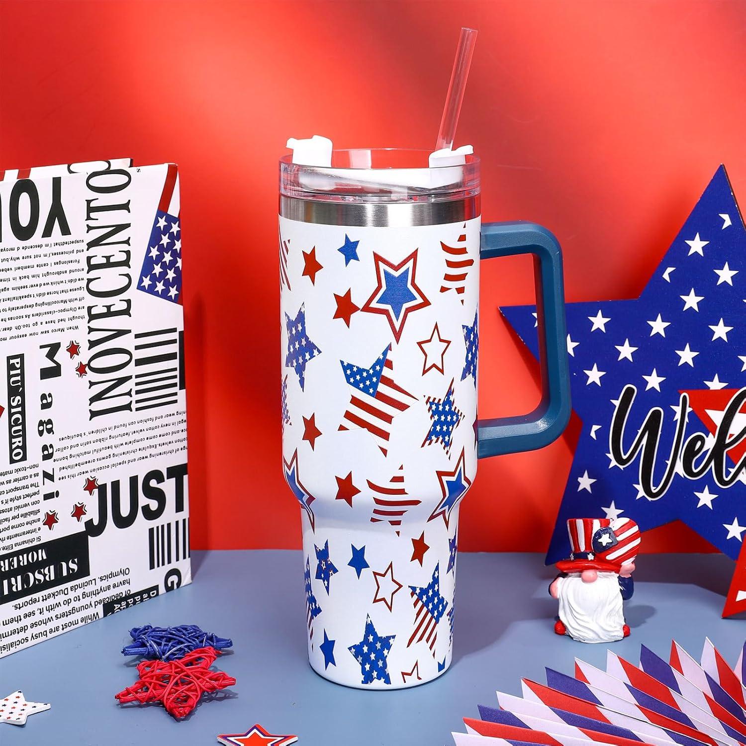 imageWhaline 40oz Halloween Skull Tumbler with Straw and Lid Spooky Skull Flower Travel Coffee Tumbler Cup with Handle for Trick or Treat Birthday Party GiftsIndependence Day Star