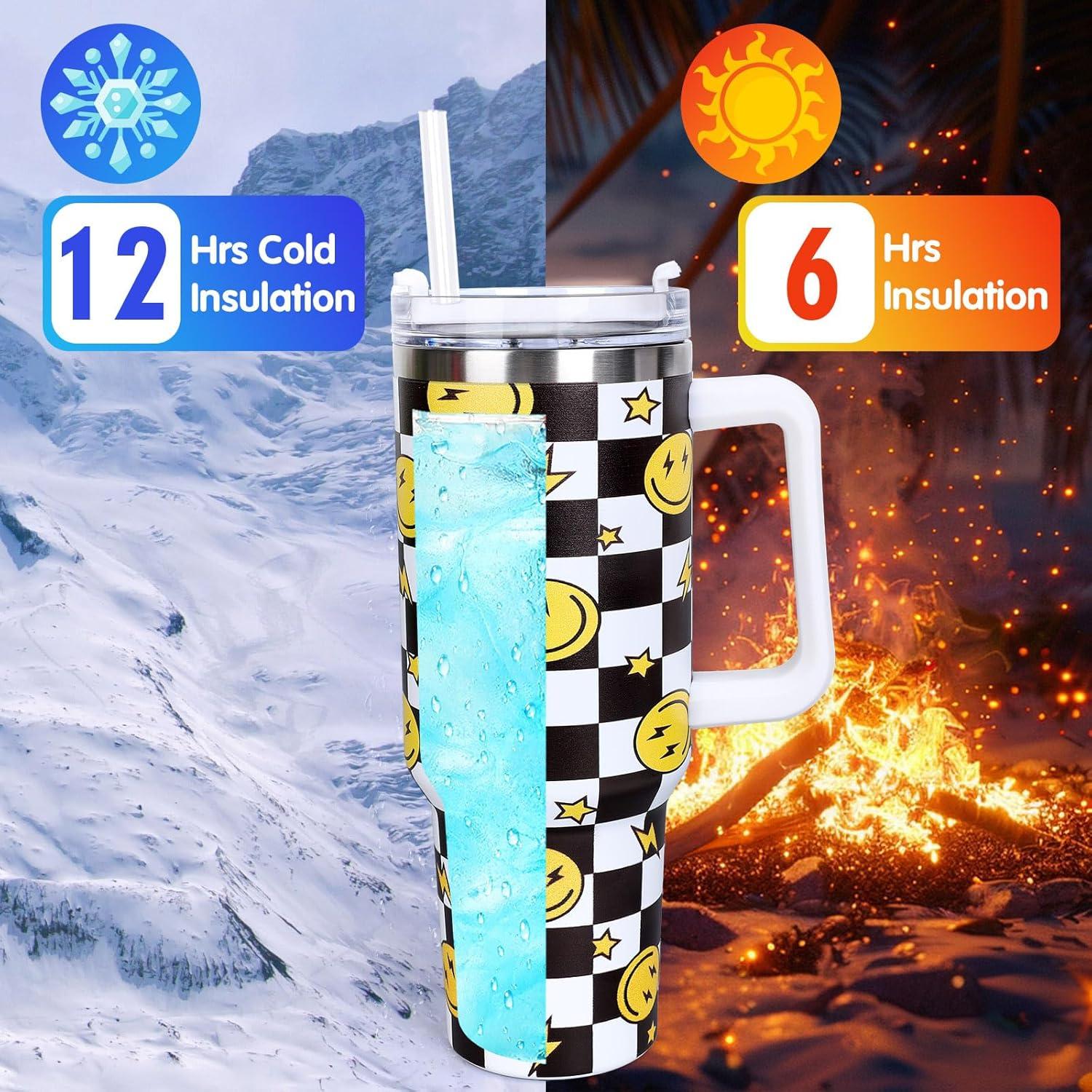 imageWhaline 40oz Halloween Skull Tumbler with Straw and Lid Spooky Skull Flower Travel Coffee Tumbler Cup with Handle for Trick or Treat Birthday Party Giftsone happy dude