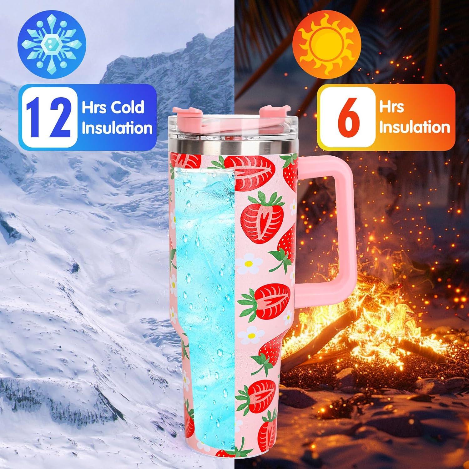 imageWhaline 40oz Halloween Skull Tumbler with Straw and Lid Spooky Skull Flower Travel Coffee Tumbler Cup with Handle for Trick or Treat Birthday Party Giftsstrawberry