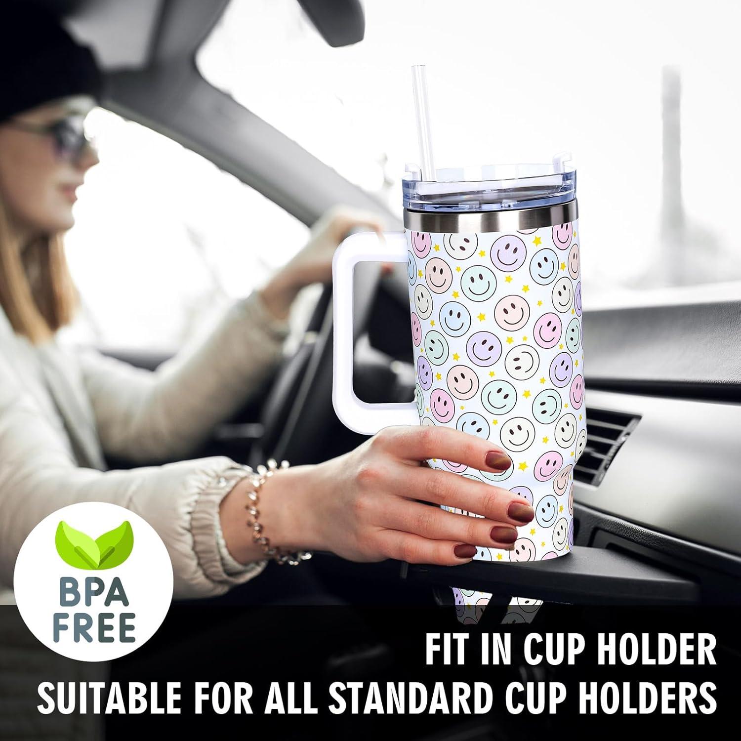 imageWhaline 40oz Halloween Skull Tumbler with Straw and Lid Spooky Skull Flower Travel Coffee Tumbler Cup with Handle for Trick or Treat Birthday Party Giftshappy face