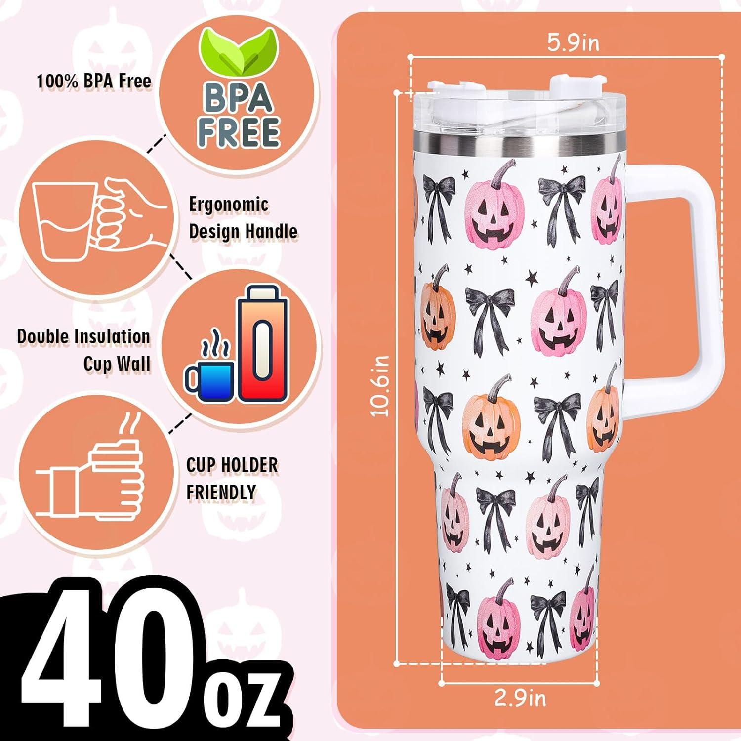 imageWhaline 40oz Halloween Skull Tumbler with Straw and Lid Spooky Skull Flower Travel Coffee Tumbler Cup with Handle for Trick or Treat Birthday Party Giftspumpkin bow