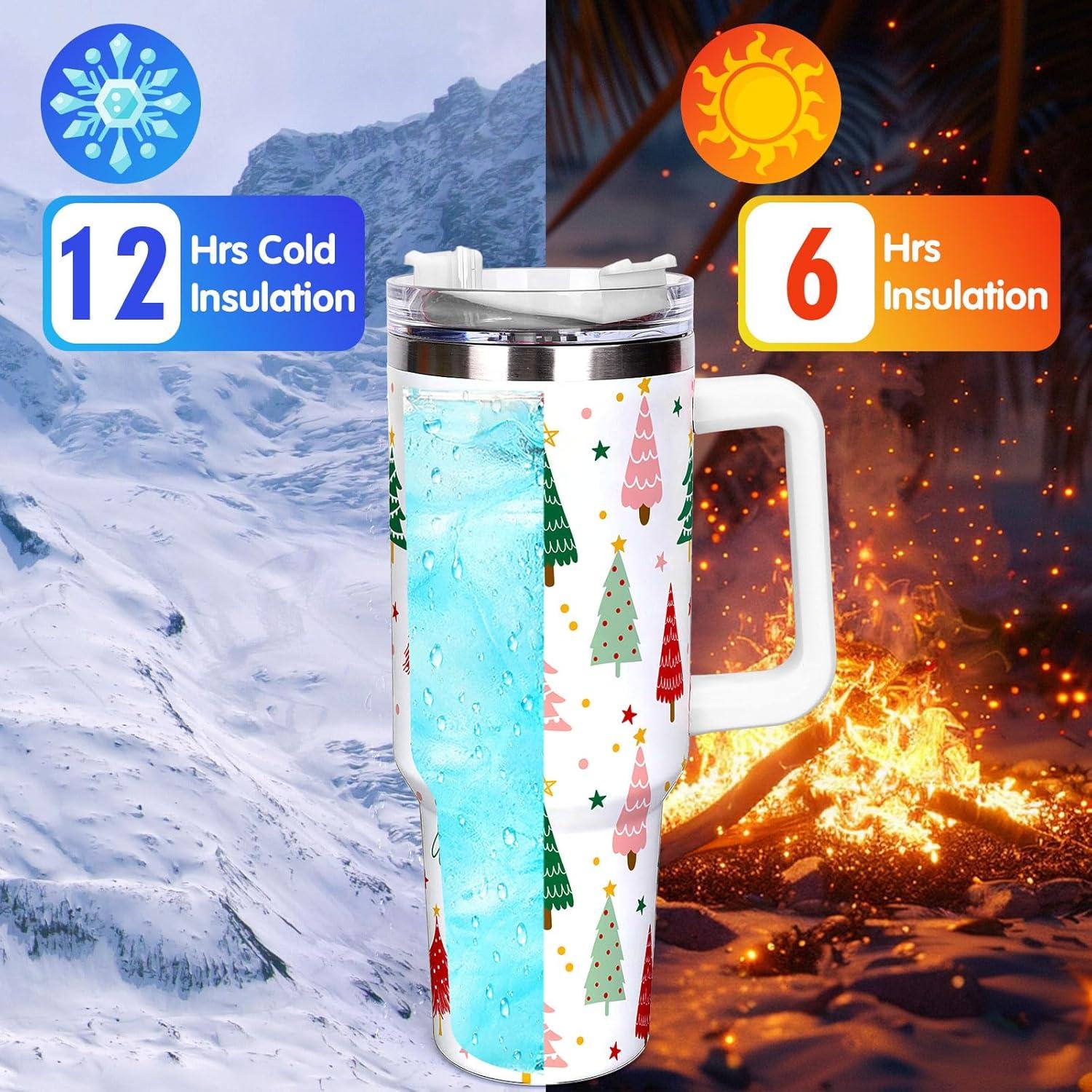 imageWhaline 40oz Halloween Skull Tumbler with Straw and Lid Spooky Skull Flower Travel Coffee Tumbler Cup with Handle for Trick or Treat Birthday Party GiftsChristmas Tree