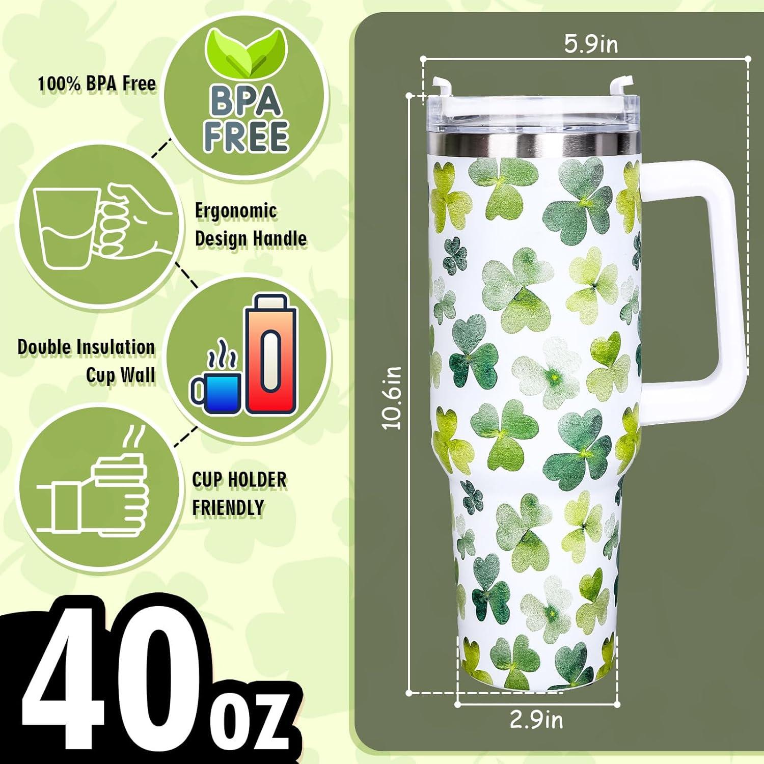 imageWhaline 40oz Halloween Skull Tumbler with Straw and Lid Spooky Skull Flower Travel Coffee Tumbler Cup with Handle for Trick or Treat Birthday Party Giftsshamrock