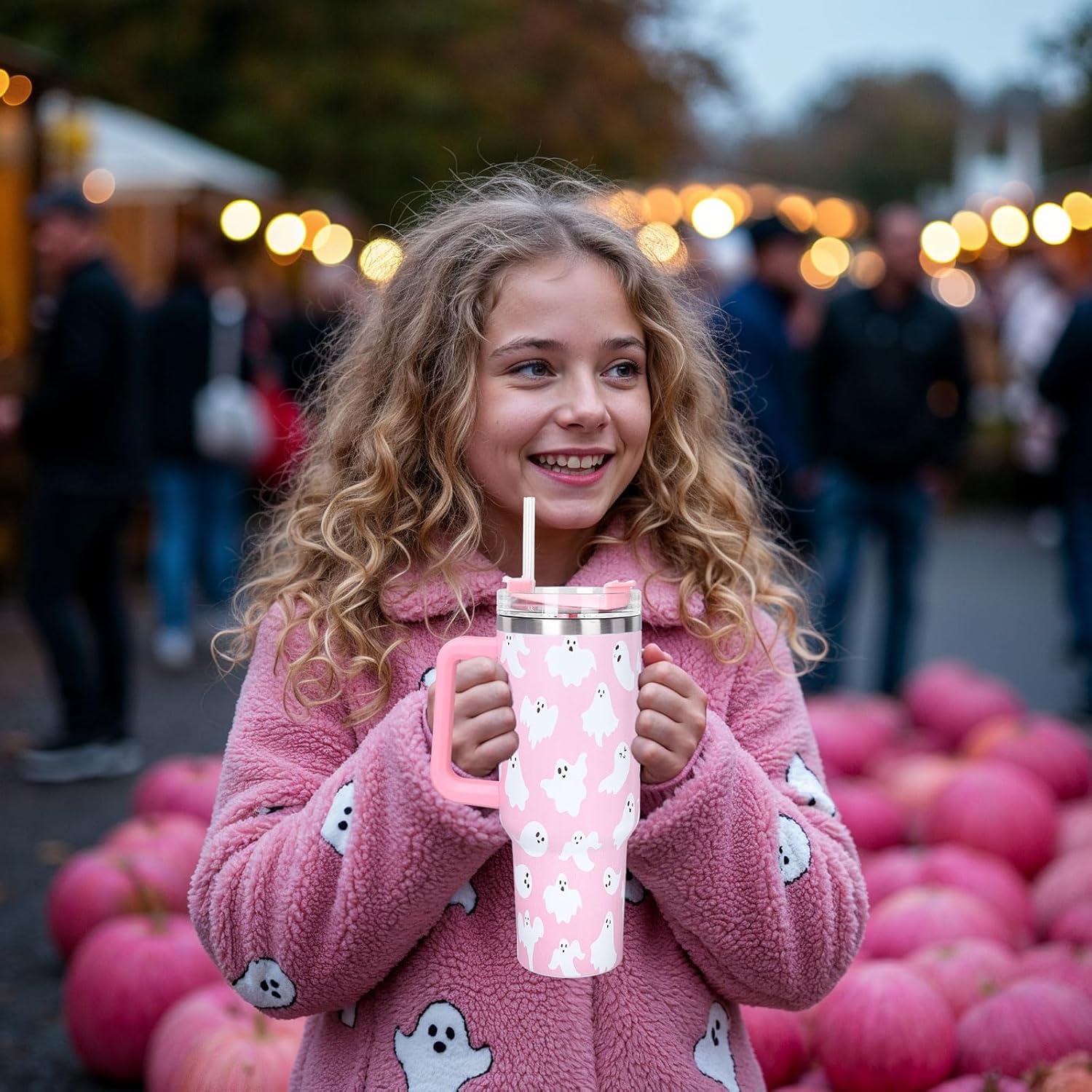 imageWhaline 40oz Halloween Skull Tumbler with Straw and Lid Spooky Skull Flower Travel Coffee Tumbler Cup with Handle for Trick or Treat Birthday Party Giftspink ghost