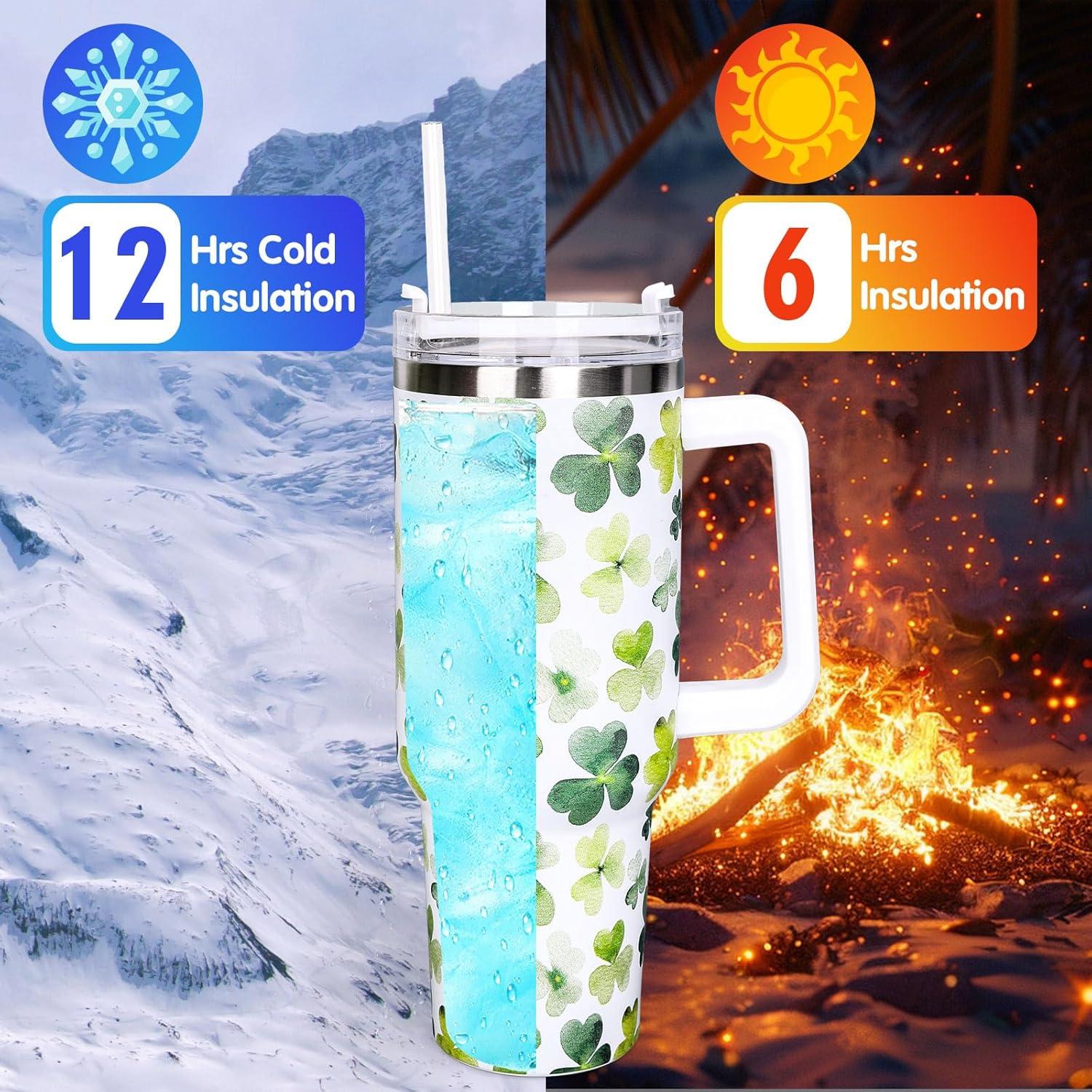 imageWhaline 40oz Halloween Skull Tumbler with Straw and Lid Spooky Skull Flower Travel Coffee Tumbler Cup with Handle for Trick or Treat Birthday Party Giftsshamrock