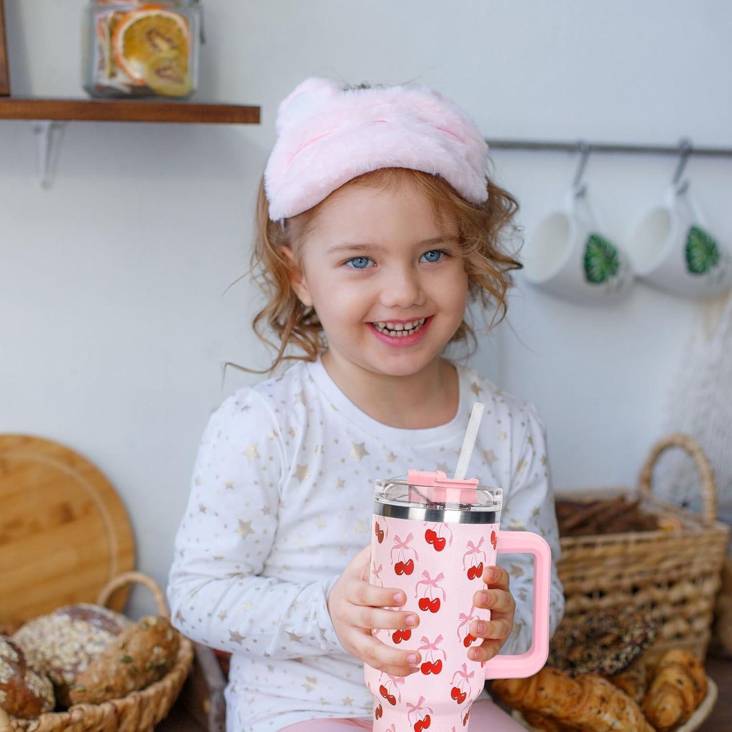 imageWhaline 40oz Halloween Skull Tumbler with Straw and Lid Spooky Skull Flower Travel Coffee Tumbler Cup with Handle for Trick or Treat Birthday Party Giftspink bow cherry