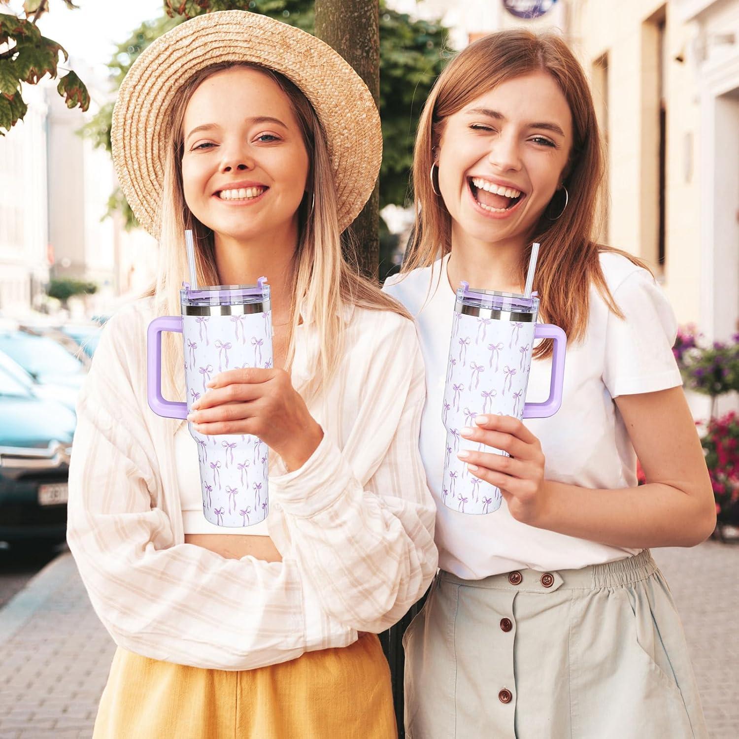 imageWhaline 40oz Halloween Skull Tumbler with Straw and Lid Spooky Skull Flower Travel Coffee Tumbler Cup with Handle for Trick or Treat Birthday Party Giftspurple bow