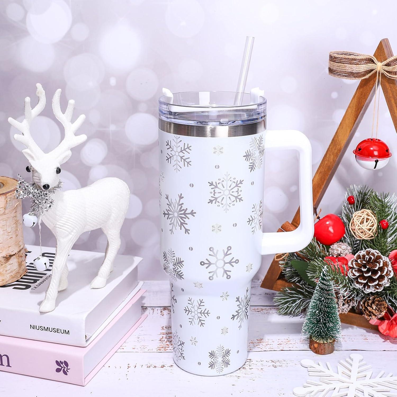 imageWhaline 40oz Halloween Skull Tumbler with Straw and Lid Spooky Skull Flower Travel Coffee Tumbler Cup with Handle for Trick or Treat Birthday Party Giftssnowflake