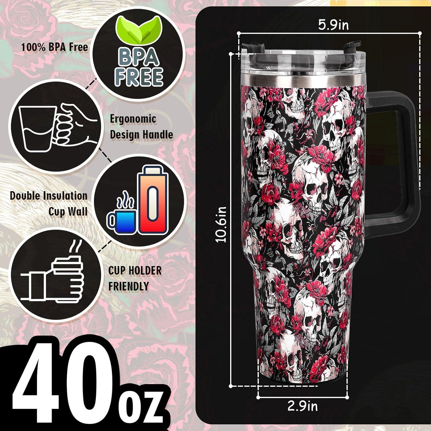 imageWhaline 40oz Halloween Skull Tumbler with Straw and Lid Spooky Skull Flower Travel Coffee Tumbler Cup with Handle for Trick or Treat Birthday Party Giftsfloral skeleton