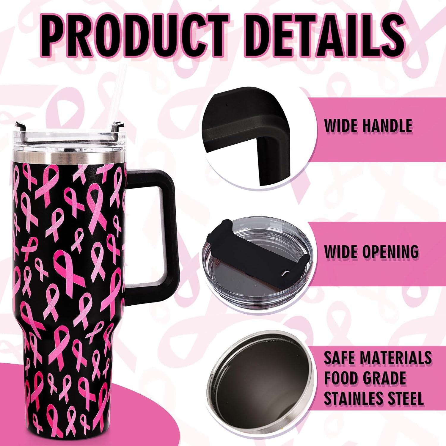 imageWhaline 40oz Halloween Skull Tumbler with Straw and Lid Spooky Skull Flower Travel Coffee Tumbler Cup with Handle for Trick or Treat Birthday Party GiftsBreast Cancer Awareness