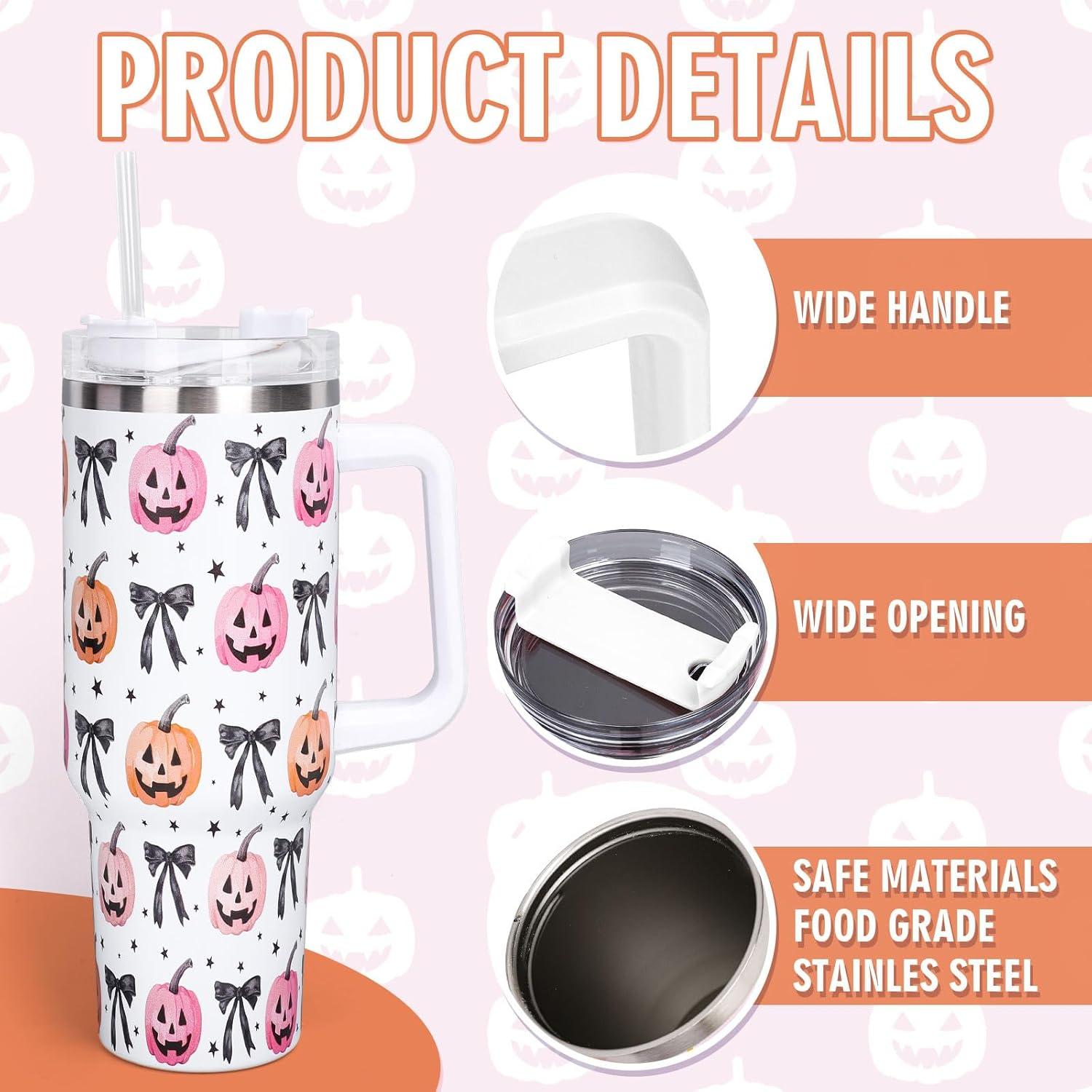 imageWhaline 40oz Halloween Skull Tumbler with Straw and Lid Spooky Skull Flower Travel Coffee Tumbler Cup with Handle for Trick or Treat Birthday Party Giftspumpkin bow