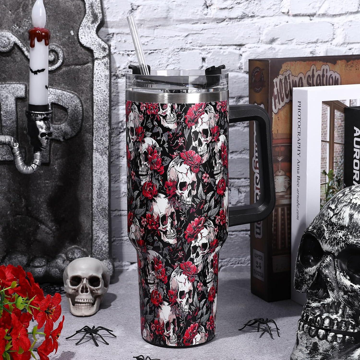 imageWhaline 40oz Halloween Skull Tumbler with Straw and Lid Spooky Skull Flower Travel Coffee Tumbler Cup with Handle for Trick or Treat Birthday Party Giftsfloral skeleton
