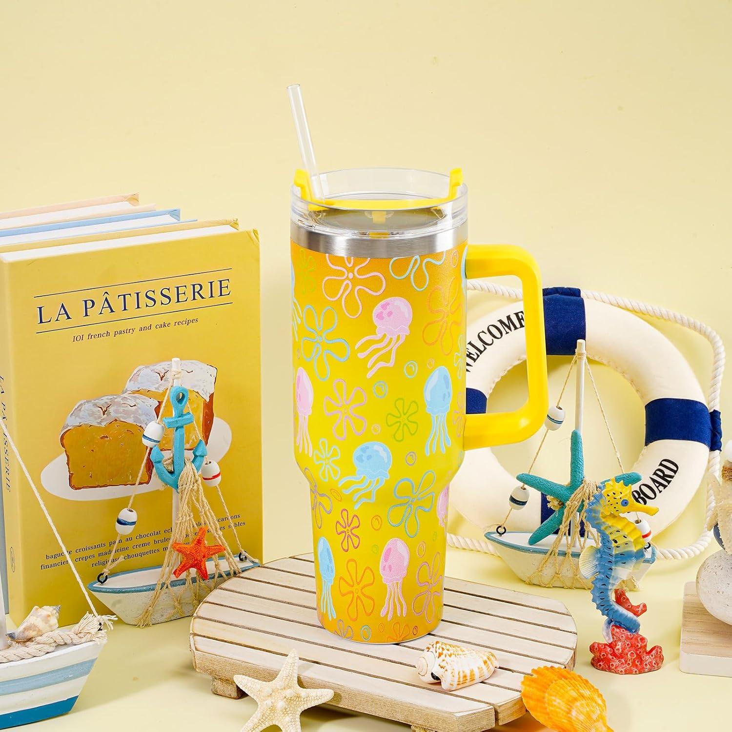 imageWhaline 40oz Halloween Skull Tumbler with Straw and Lid Spooky Skull Flower Travel Coffee Tumbler Cup with Handle for Trick or Treat Birthday Party GiftsCartoon Sponge