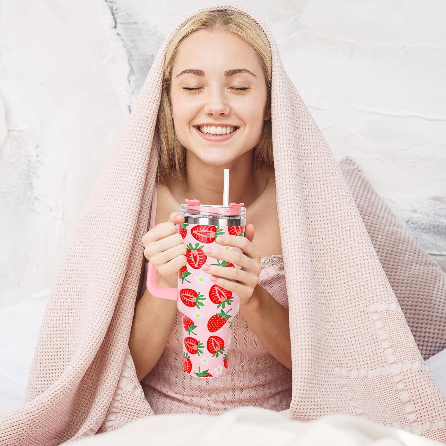 imageWhaline 40oz Halloween Skull Tumbler with Straw and Lid Spooky Skull Flower Travel Coffee Tumbler Cup with Handle for Trick or Treat Birthday Party Giftsstrawberry