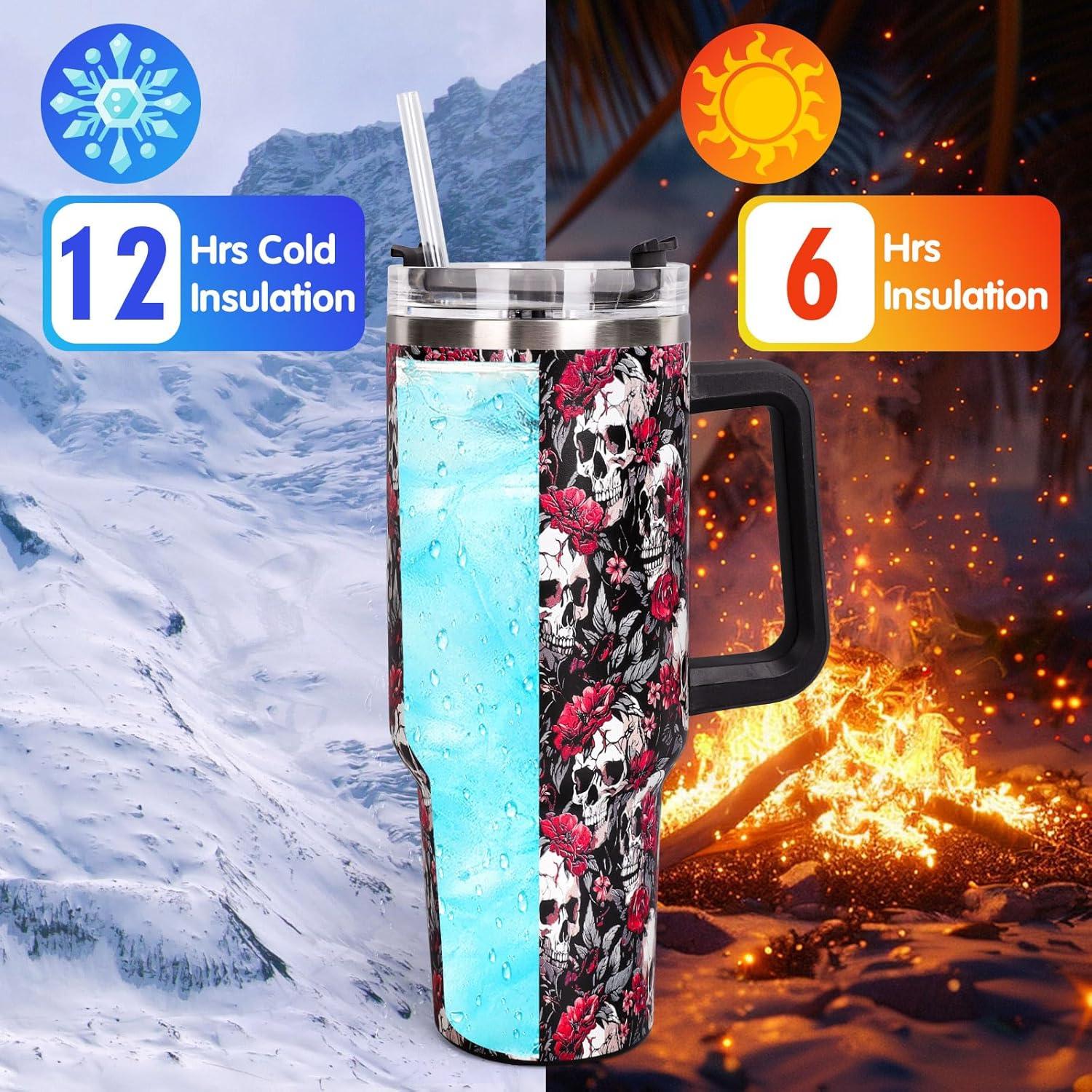 imageWhaline 40oz Halloween Skull Tumbler with Straw and Lid Spooky Skull Flower Travel Coffee Tumbler Cup with Handle for Trick or Treat Birthday Party Giftsfloral skeleton