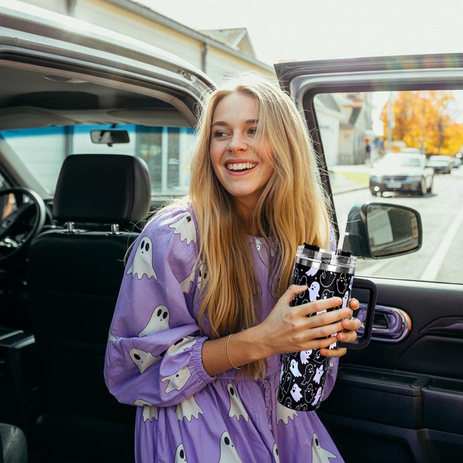 imageWhaline 40oz Halloween Skull Tumbler with Straw and Lid Spooky Skull Flower Travel Coffee Tumbler Cup with Handle for Trick or Treat Birthday Party Giftslaser ghost