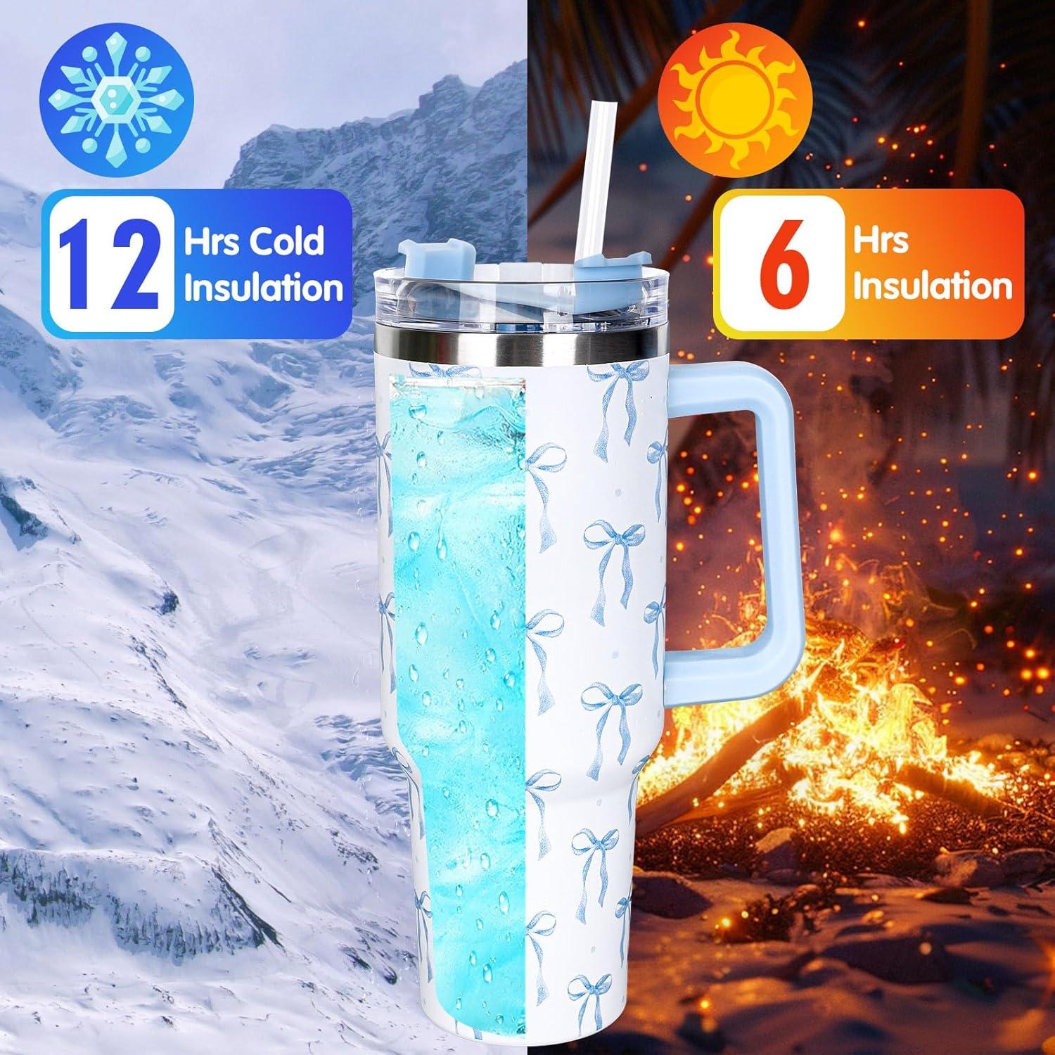 imageWhaline 40oz Halloween Skull Tumbler with Straw and Lid Spooky Skull Flower Travel Coffee Tumbler Cup with Handle for Trick or Treat Birthday Party Giftsblue bow