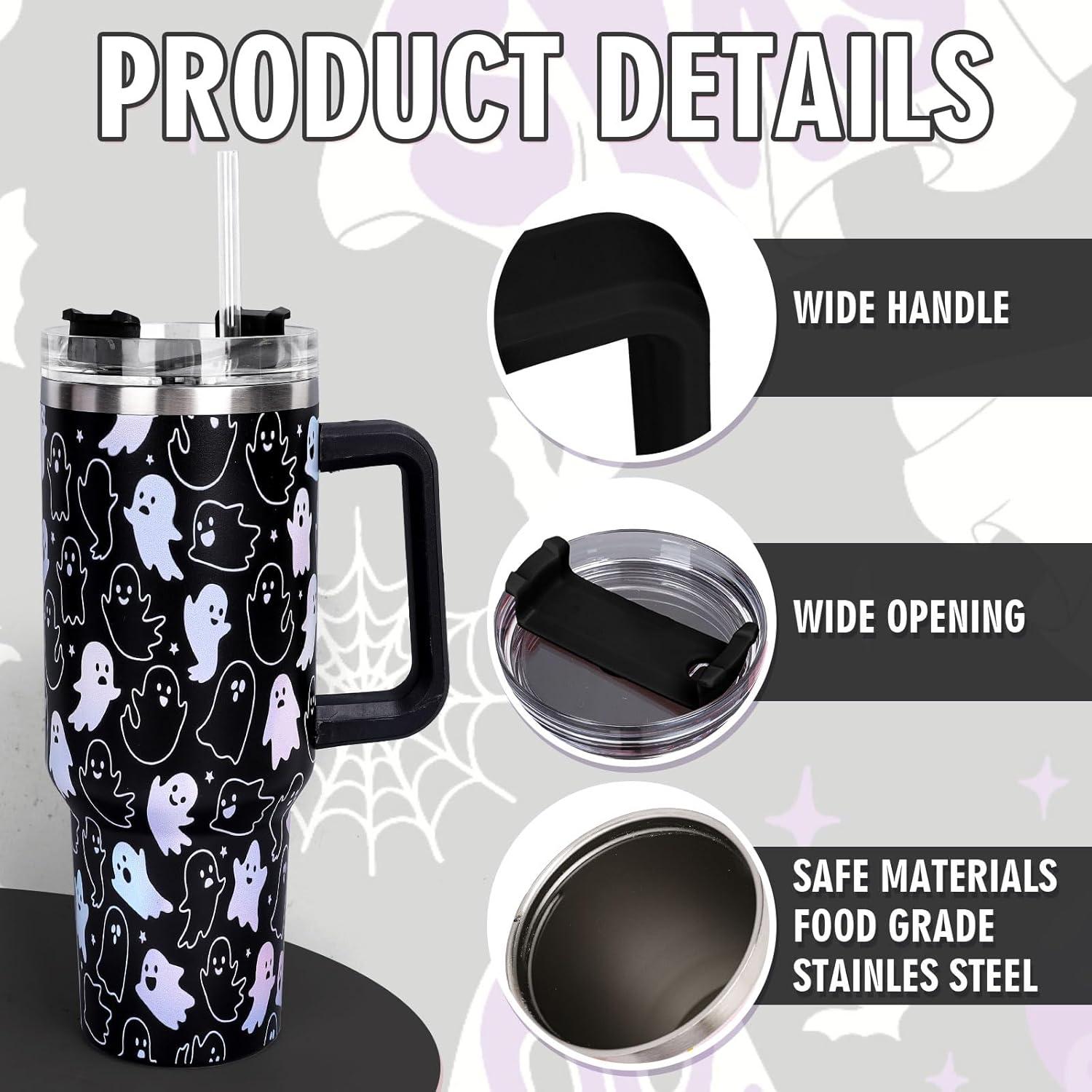 imageWhaline 40oz Halloween Skull Tumbler with Straw and Lid Spooky Skull Flower Travel Coffee Tumbler Cup with Handle for Trick or Treat Birthday Party Giftslaser ghost