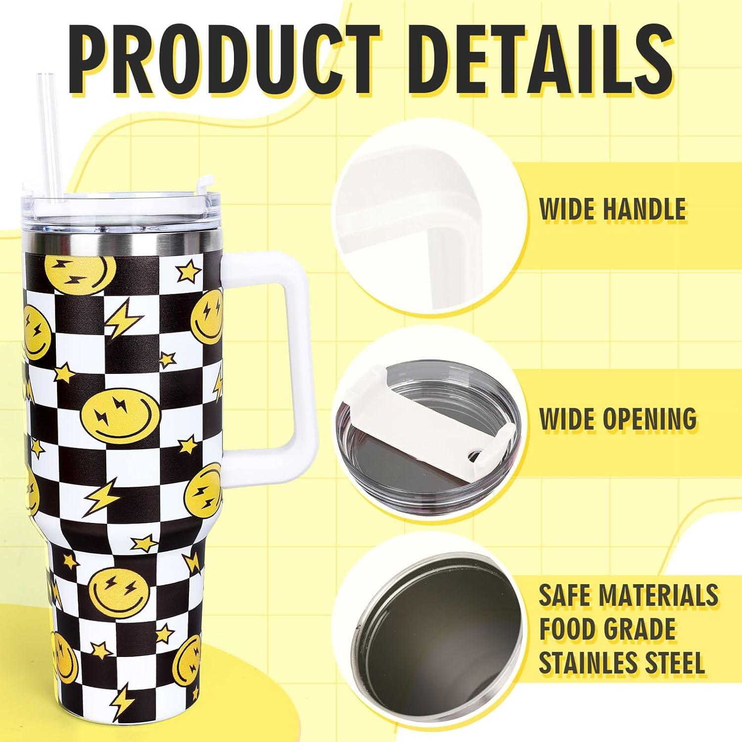 imageWhaline 40oz Halloween Skull Tumbler with Straw and Lid Spooky Skull Flower Travel Coffee Tumbler Cup with Handle for Trick or Treat Birthday Party Giftsone happy dude