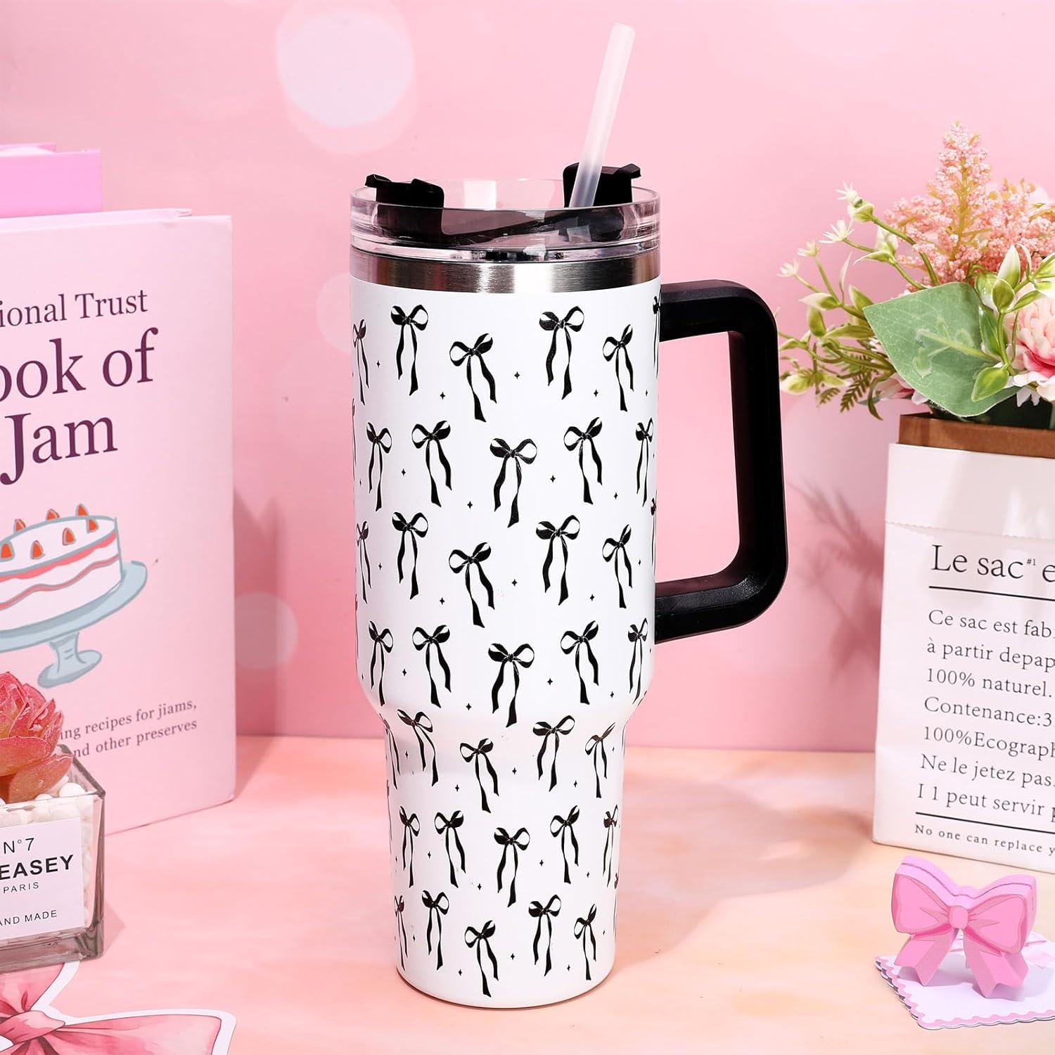 imageWhaline 40oz Halloween Skull Tumbler with Straw and Lid Spooky Skull Flower Travel Coffee Tumbler Cup with Handle for Trick or Treat Birthday Party Giftsblack bow