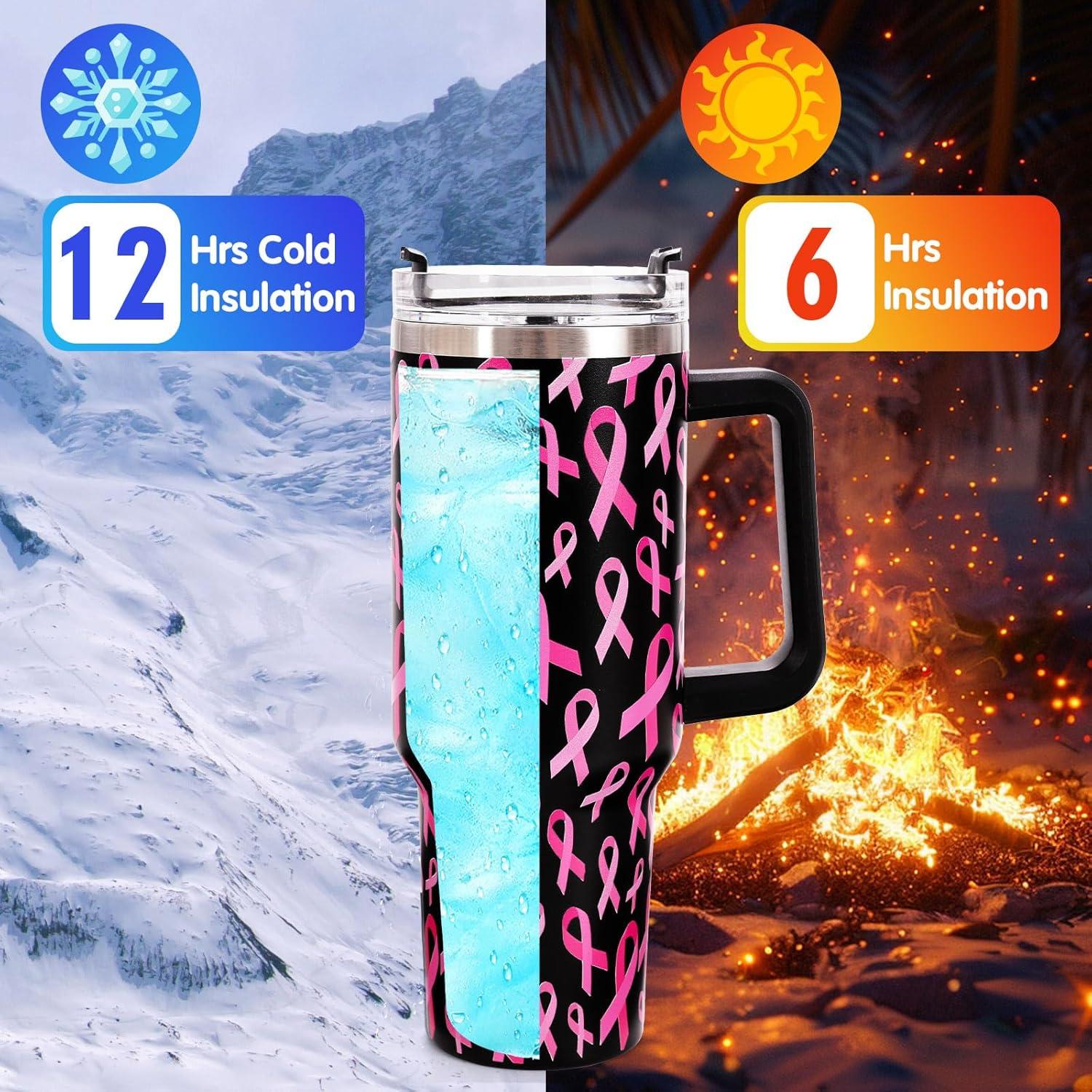 imageWhaline 40oz Halloween Skull Tumbler with Straw and Lid Spooky Skull Flower Travel Coffee Tumbler Cup with Handle for Trick or Treat Birthday Party GiftsBreast Cancer Awareness