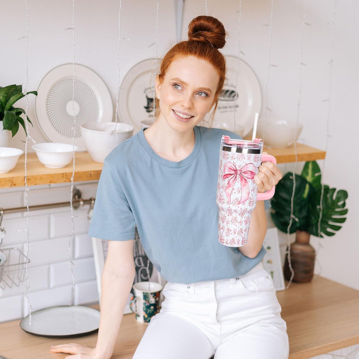 imageWhaline 40oz Halloween Skull Tumbler with Straw and Lid Spooky Skull Flower Travel Coffee Tumbler Cup with Handle for Trick or Treat Birthday Party Giftspink flower bow