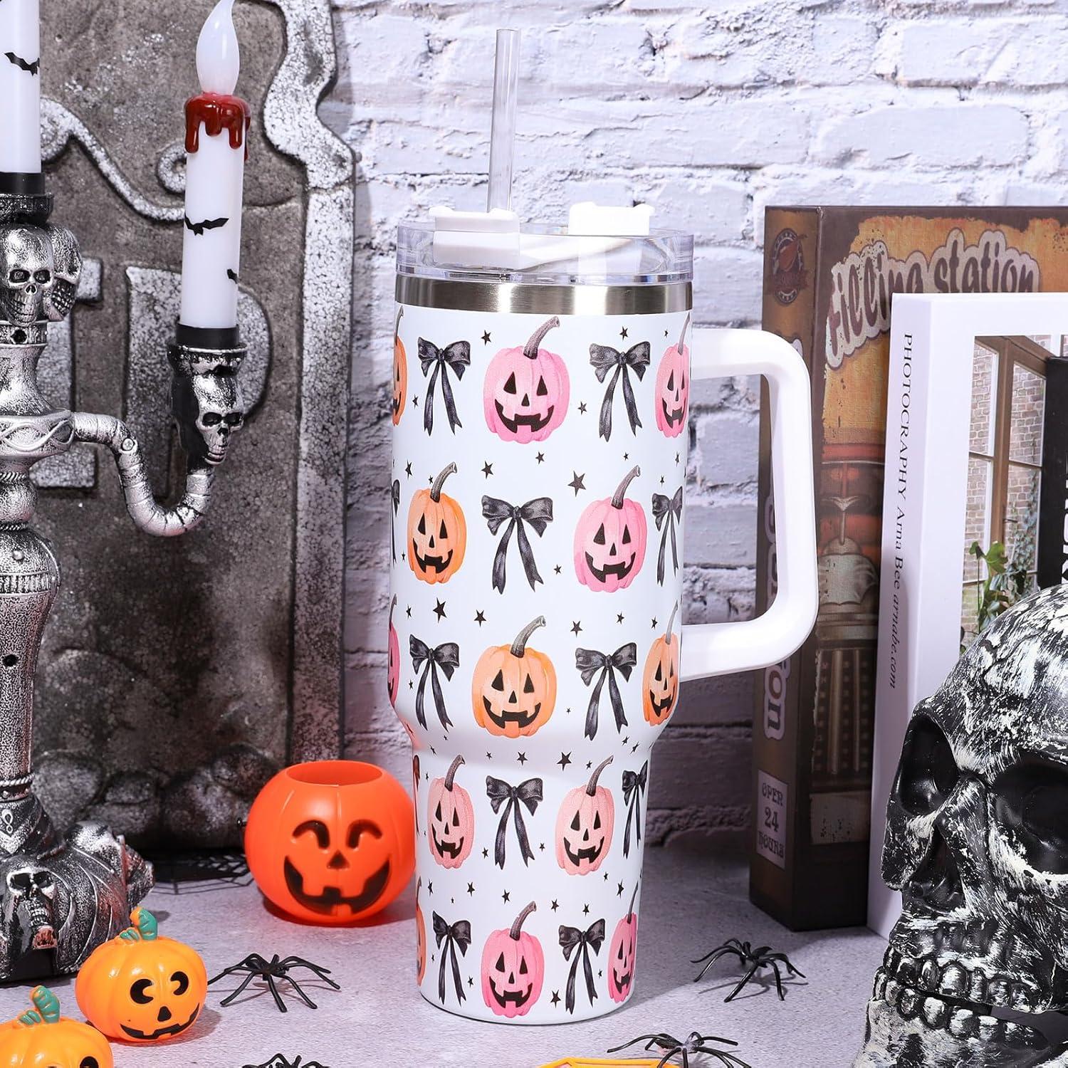 imageWhaline 40oz Halloween Skull Tumbler with Straw and Lid Spooky Skull Flower Travel Coffee Tumbler Cup with Handle for Trick or Treat Birthday Party Giftspumpkin bow