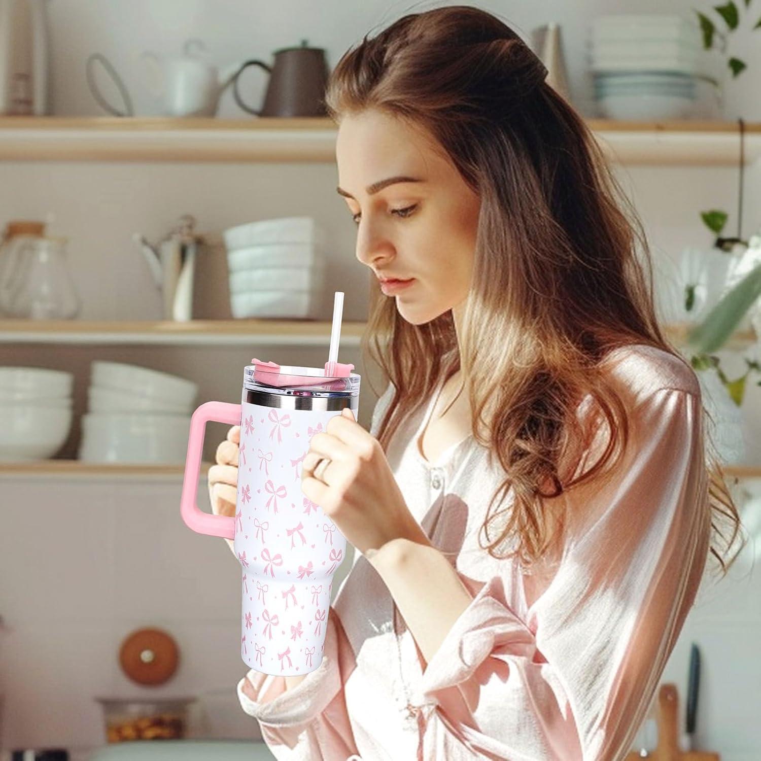 imageWhaline 40oz Halloween Skull Tumbler with Straw and Lid Spooky Skull Flower Travel Coffee Tumbler Cup with Handle for Trick or Treat Birthday Party Giftscute pink bow