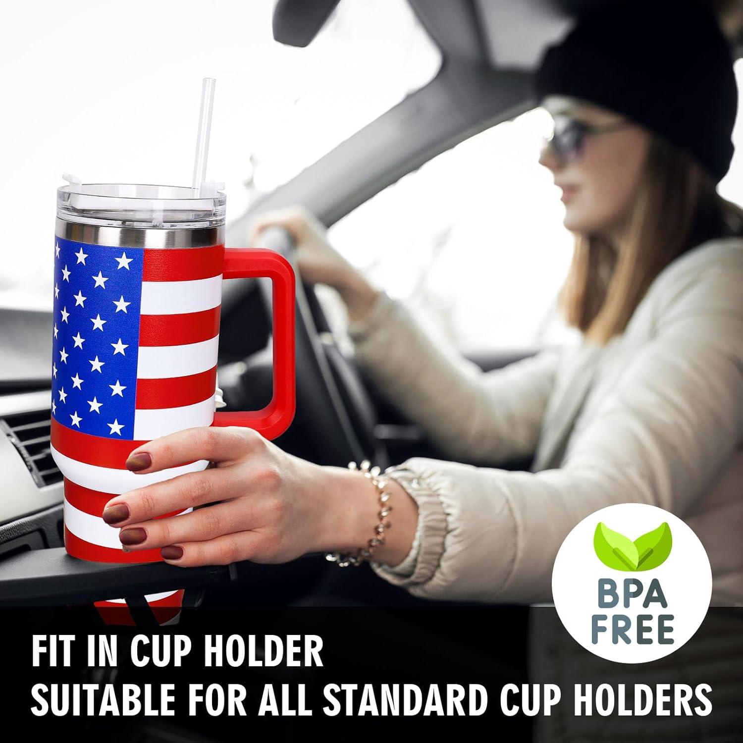 imageWhaline 40oz Halloween Skull Tumbler with Straw and Lid Spooky Skull Flower Travel Coffee Tumbler Cup with Handle for Trick or Treat Birthday Party GiftsAmerican Flag