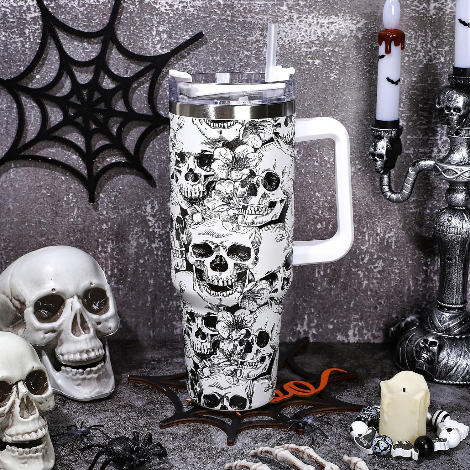 imageWhaline 40oz Halloween Skull Tumbler with Straw and Lid Spooky Skull Flower Travel Coffee Tumbler Cup with Handle for Trick or Treat Birthday Party GiftsSkeleton