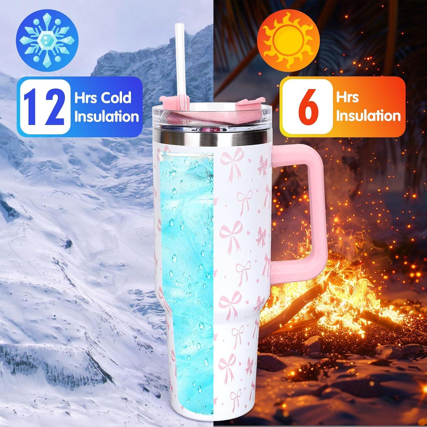 imageWhaline 40oz Halloween Skull Tumbler with Straw and Lid Spooky Skull Flower Travel Coffee Tumbler Cup with Handle for Trick or Treat Birthday Party Giftscute pink bow