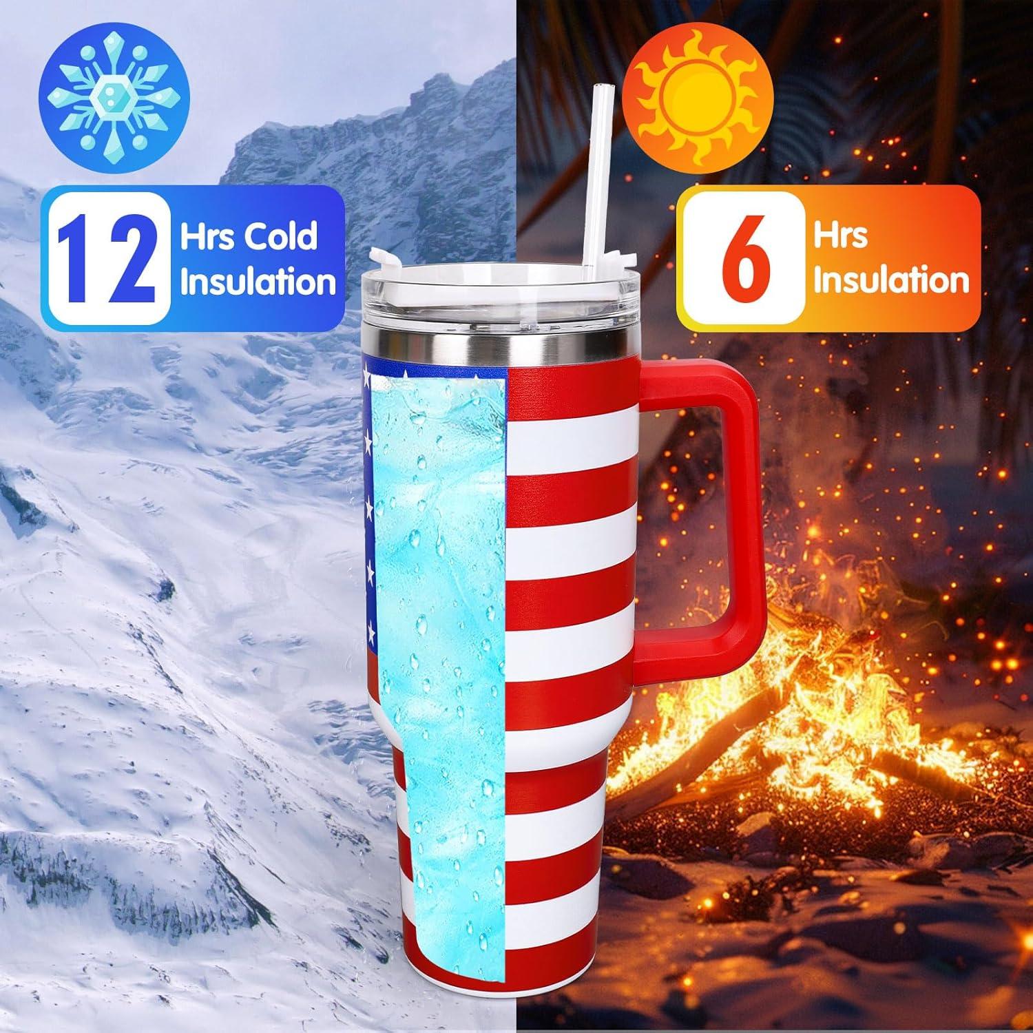 imageWhaline 40oz Halloween Skull Tumbler with Straw and Lid Spooky Skull Flower Travel Coffee Tumbler Cup with Handle for Trick or Treat Birthday Party GiftsAmerican Flag