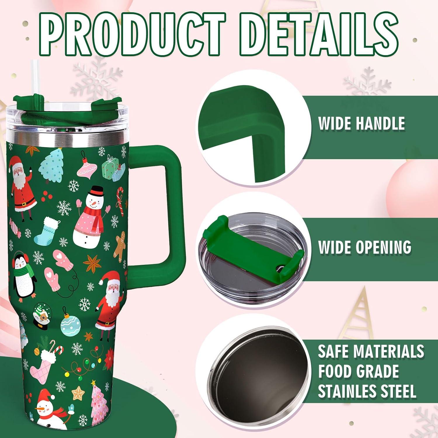 imageWhaline 40oz Halloween Skull Tumbler with Straw and Lid Spooky Skull Flower Travel Coffee Tumbler Cup with Handle for Trick or Treat Birthday Party GiftsGreen Christmas