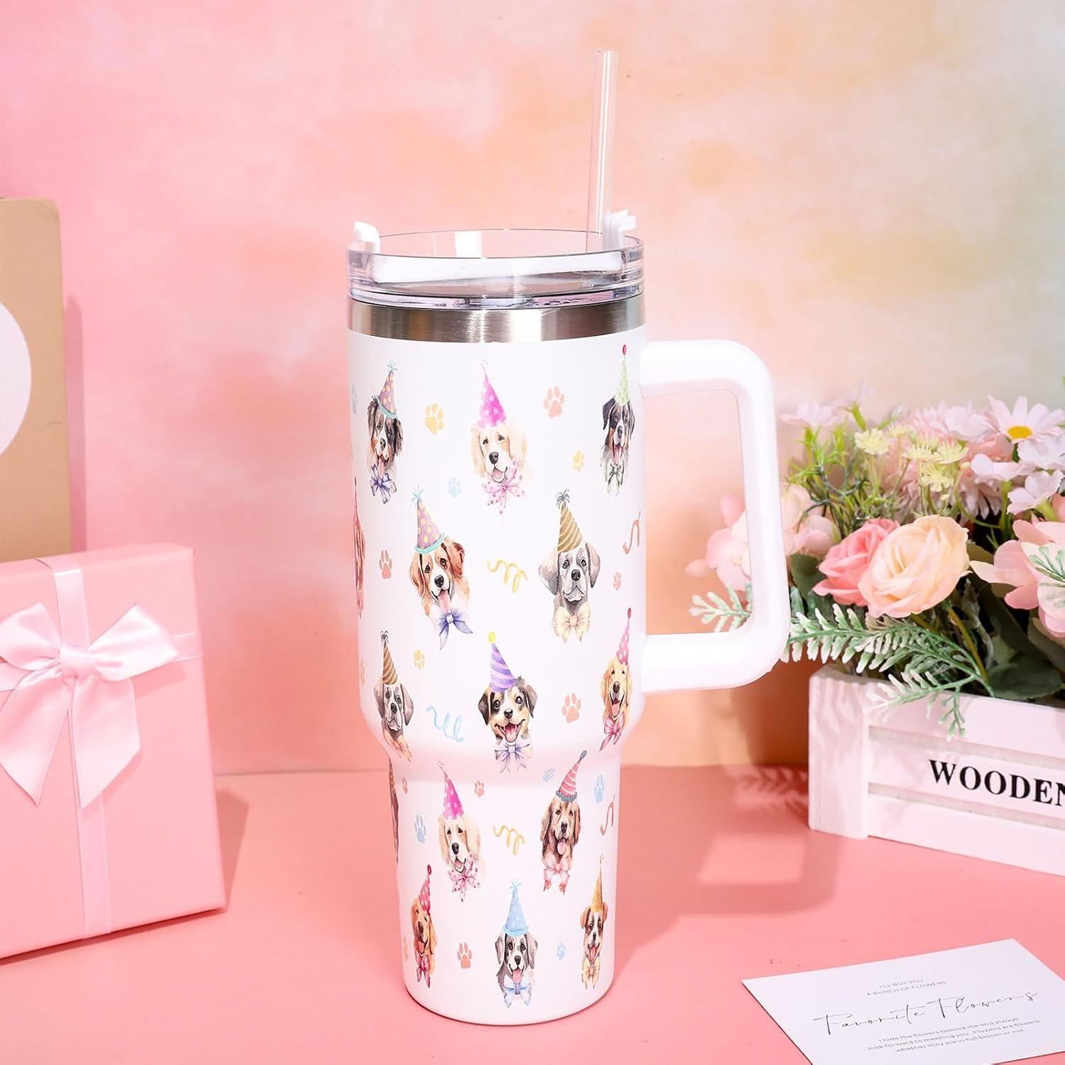 imageWhaline 40oz Halloween Skull Tumbler with Straw and Lid Spooky Skull Flower Travel Coffee Tumbler Cup with Handle for Trick or Treat Birthday Party Giftsdog