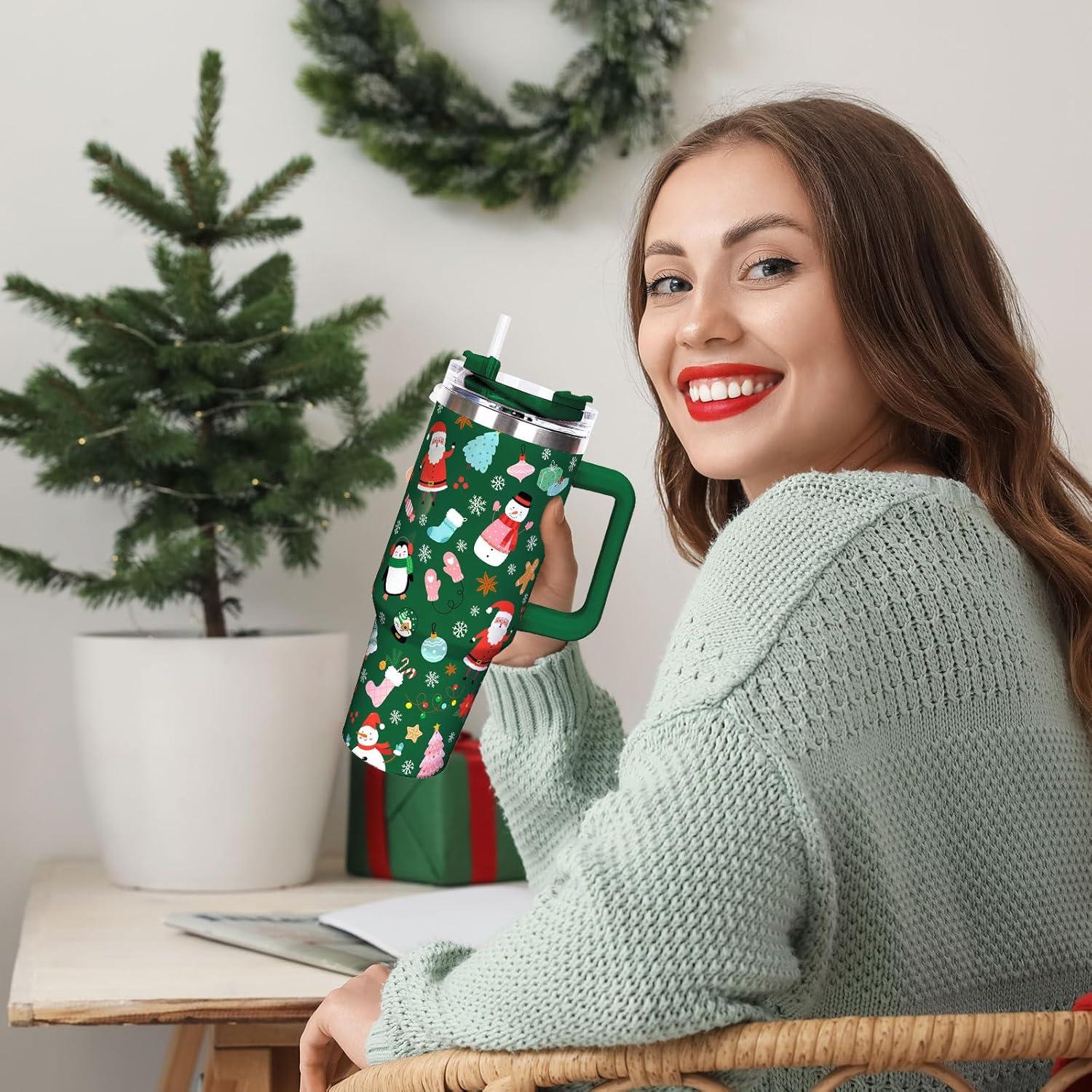 imageWhaline 40oz Halloween Skull Tumbler with Straw and Lid Spooky Skull Flower Travel Coffee Tumbler Cup with Handle for Trick or Treat Birthday Party GiftsGreen Christmas