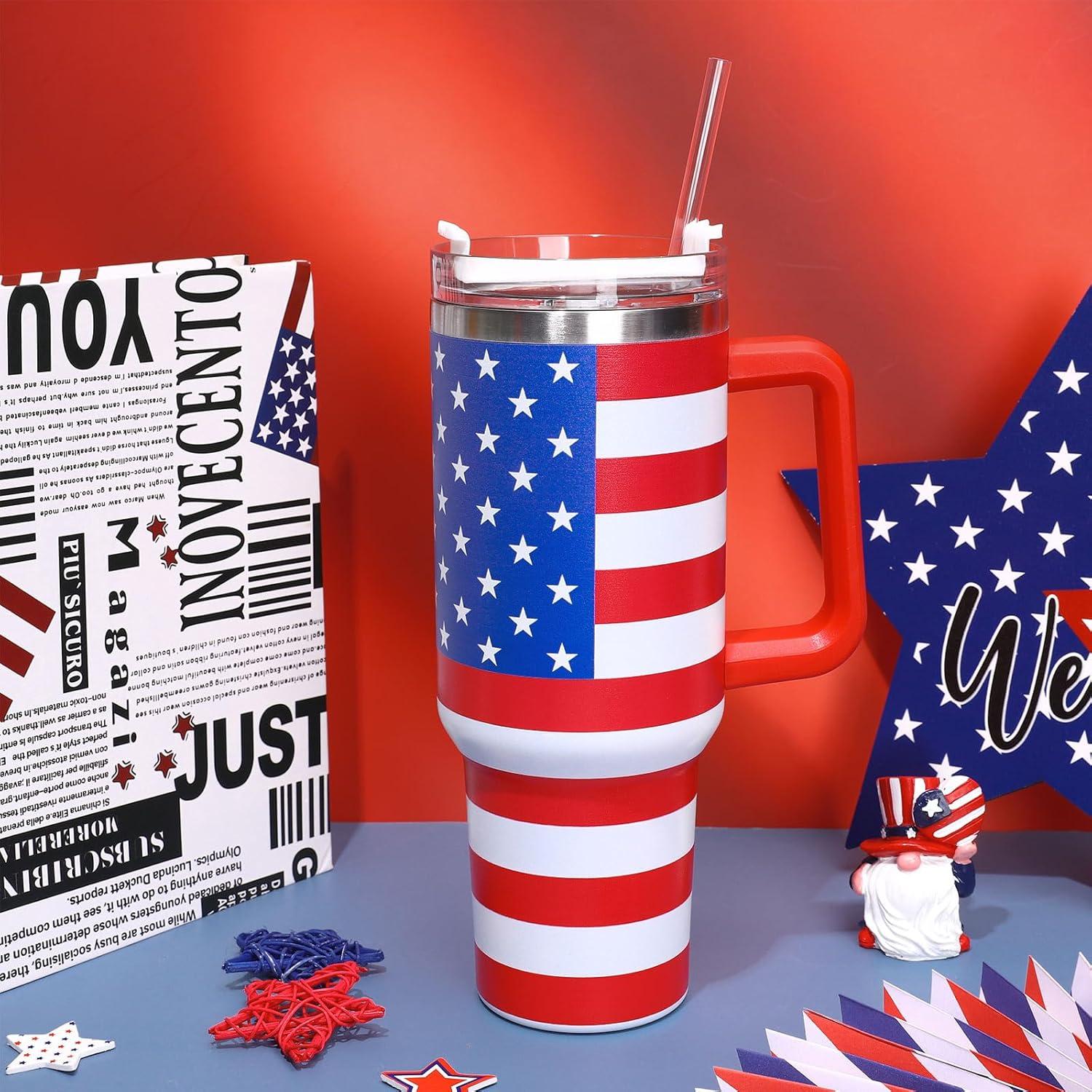 imageWhaline 40oz Halloween Skull Tumbler with Straw and Lid Spooky Skull Flower Travel Coffee Tumbler Cup with Handle for Trick or Treat Birthday Party GiftsAmerican Flag