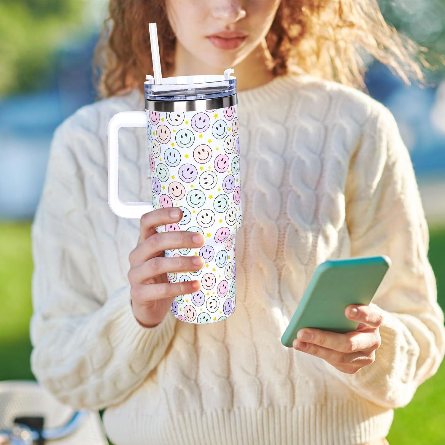 imageWhaline 40oz Halloween Skull Tumbler with Straw and Lid Spooky Skull Flower Travel Coffee Tumbler Cup with Handle for Trick or Treat Birthday Party Giftshappy face