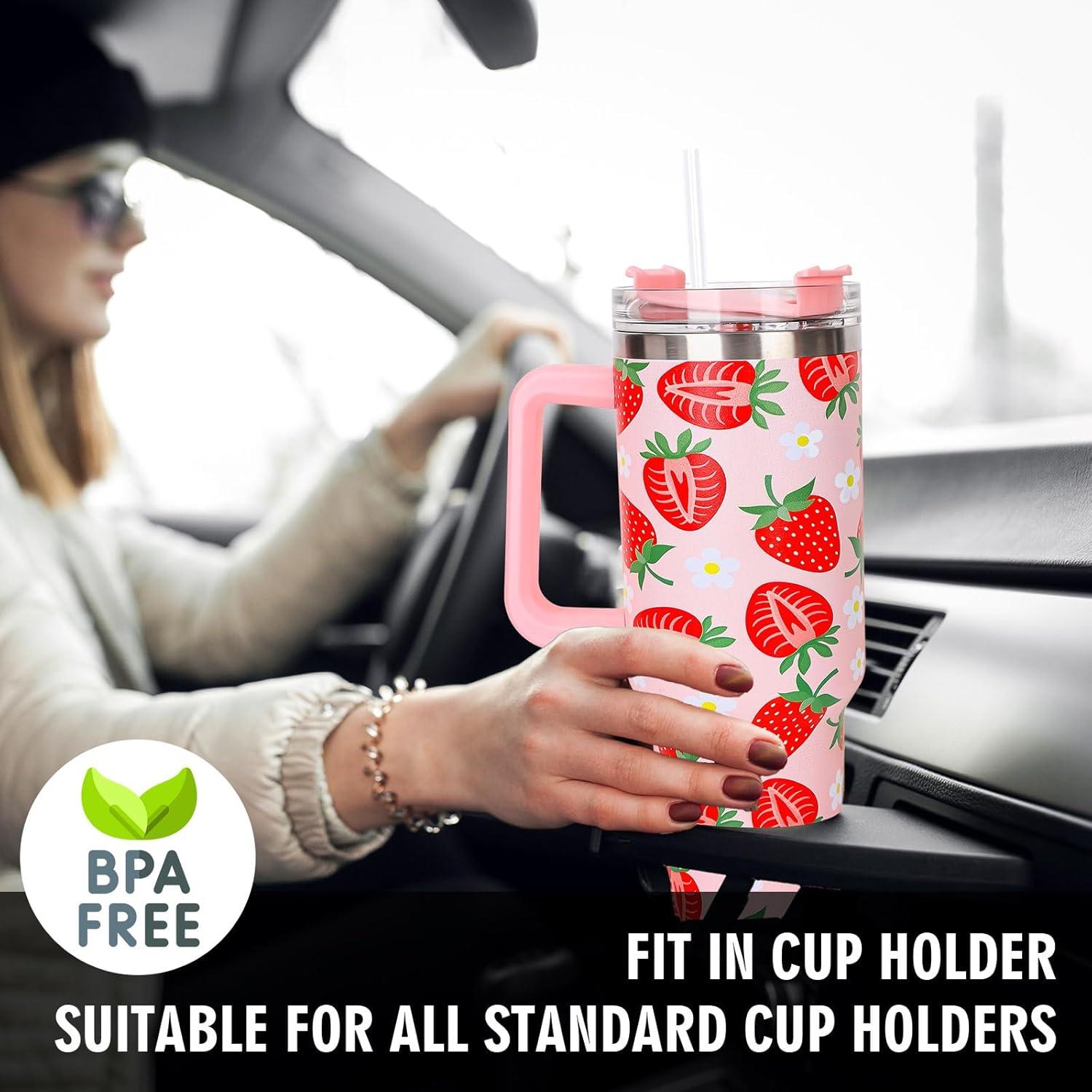 imageWhaline 40oz Halloween Skull Tumbler with Straw and Lid Spooky Skull Flower Travel Coffee Tumbler Cup with Handle for Trick or Treat Birthday Party Giftsstrawberry