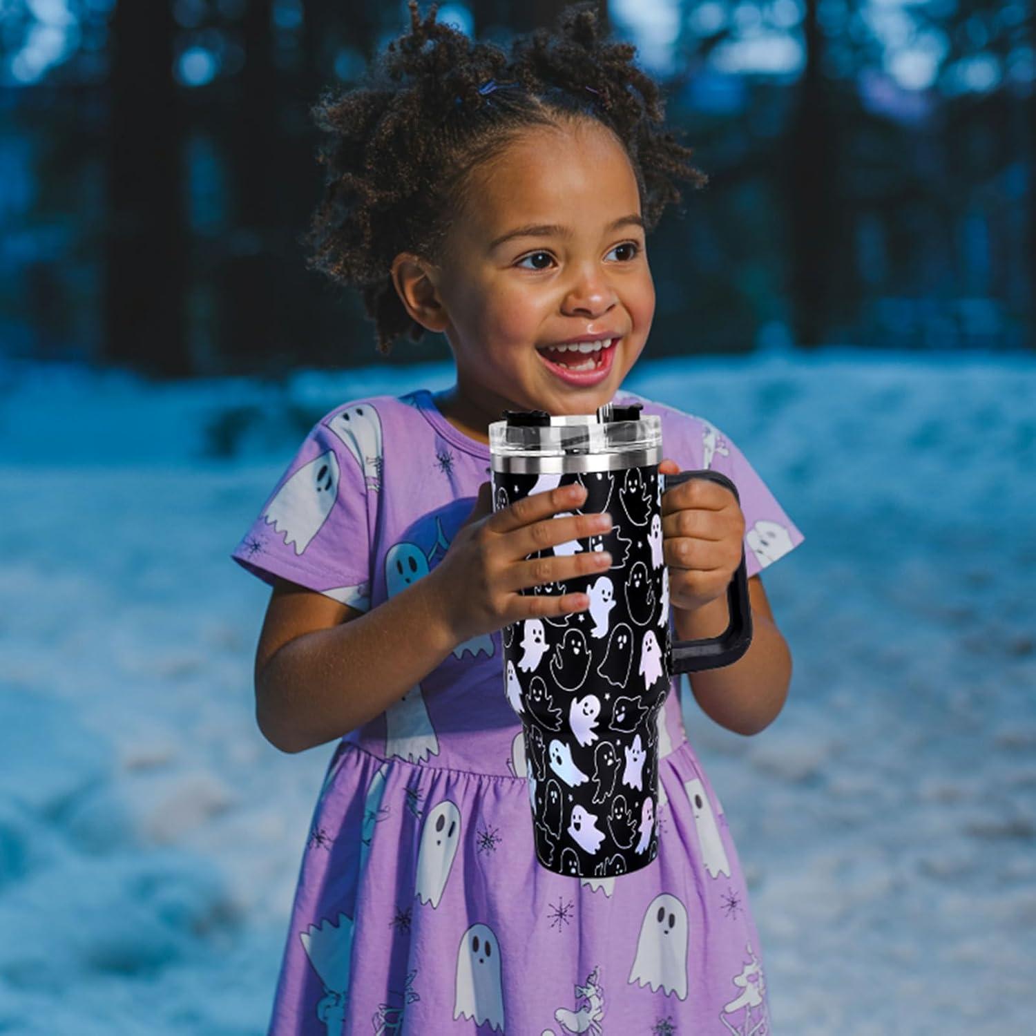 imageWhaline 40oz Halloween Skull Tumbler with Straw and Lid Spooky Skull Flower Travel Coffee Tumbler Cup with Handle for Trick or Treat Birthday Party Giftslaser ghost