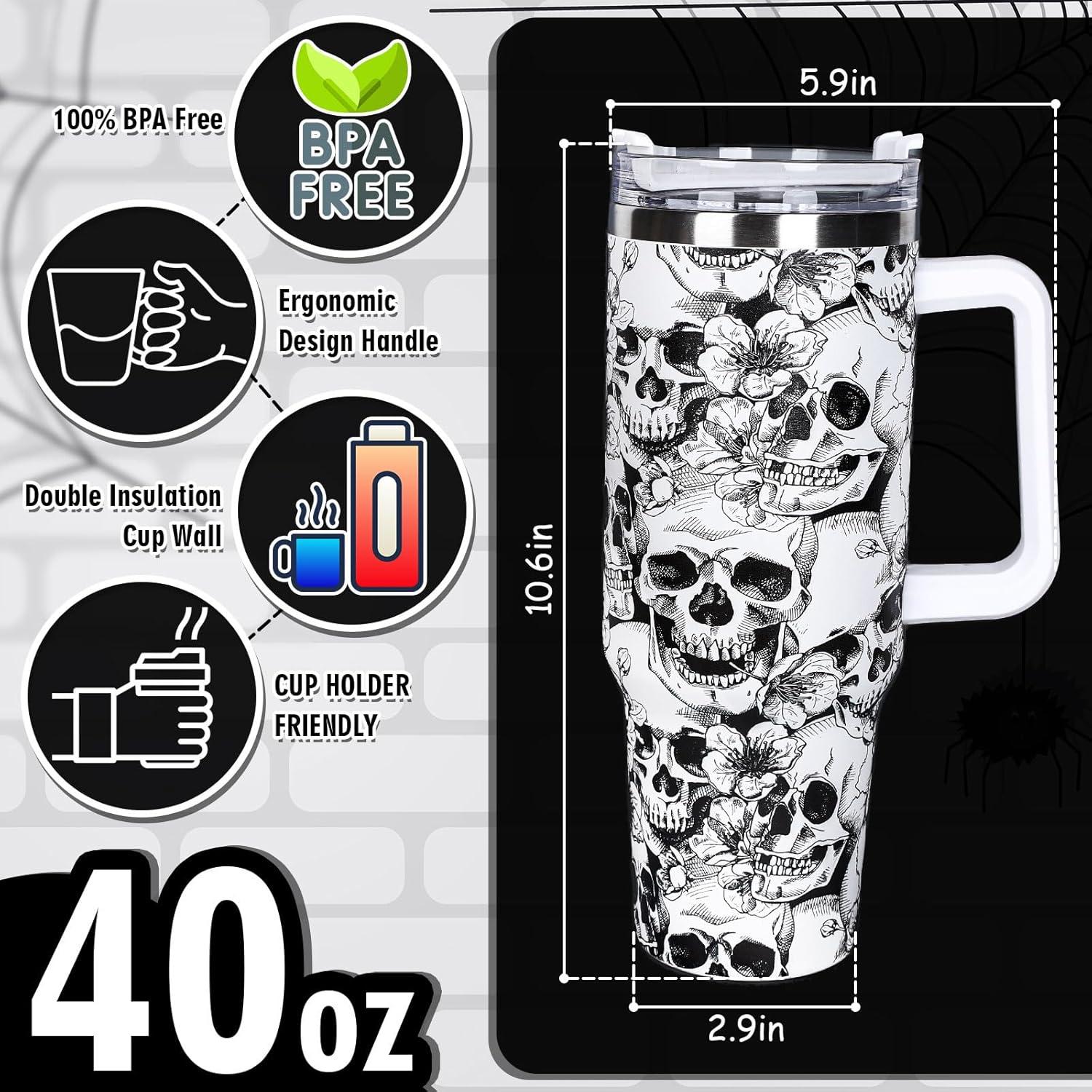 imageWhaline 40oz Halloween Skull Tumbler with Straw and Lid Spooky Skull Flower Travel Coffee Tumbler Cup with Handle for Trick or Treat Birthday Party GiftsSkeleton